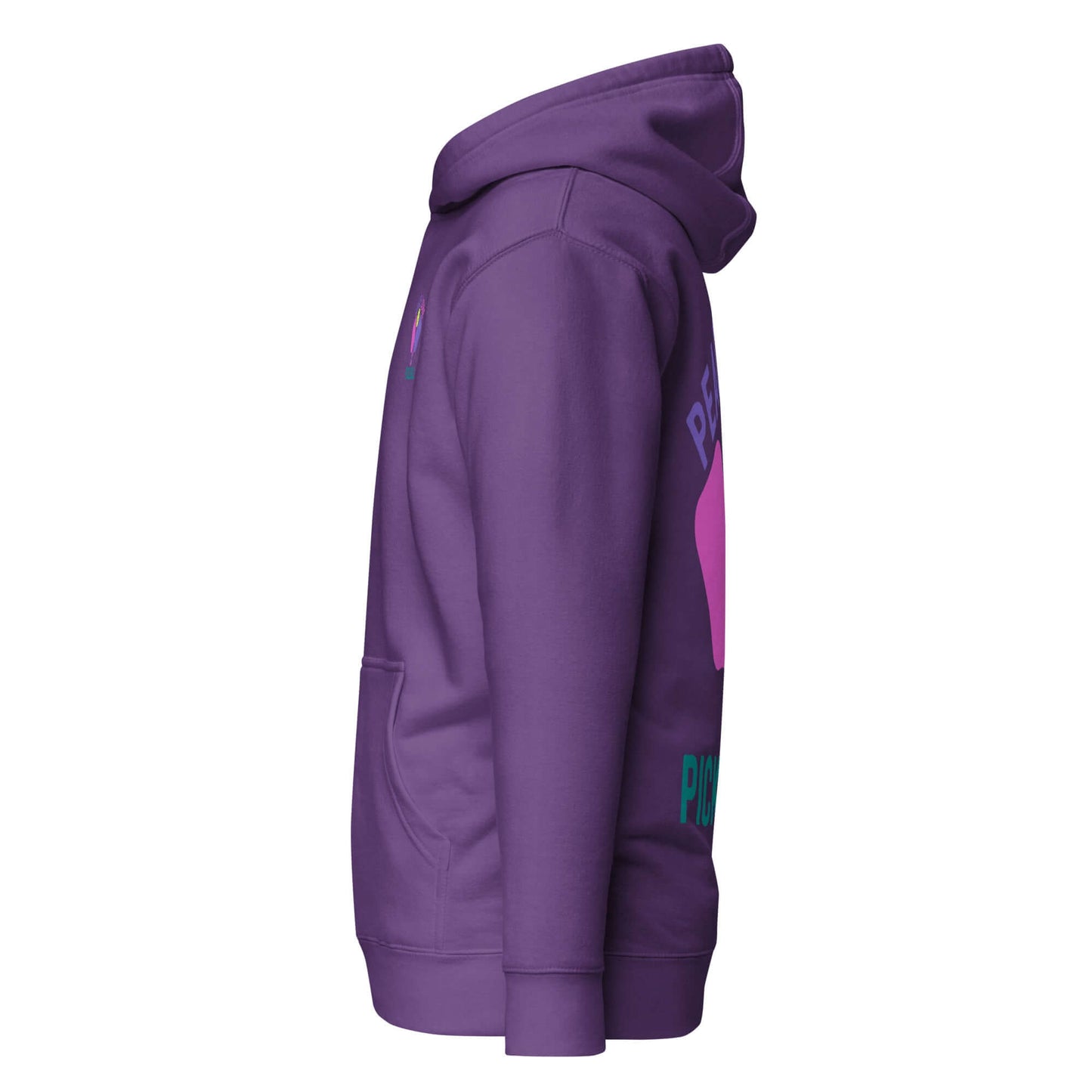 Side view of Women's Peace, Love, Pickleball Hoodie in purple, showcasing stylish graphics and comfortable design.