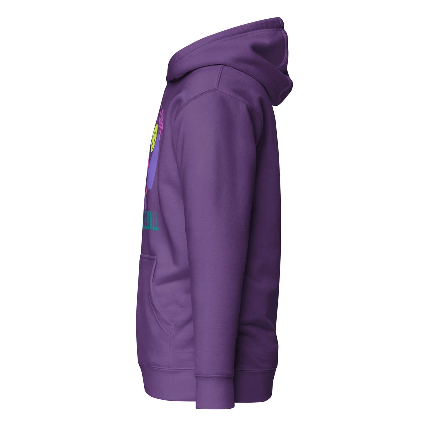 Side view of Women's Peace, Love, Pickleball Hoodie in purple, showcasing its comfort and casual style.