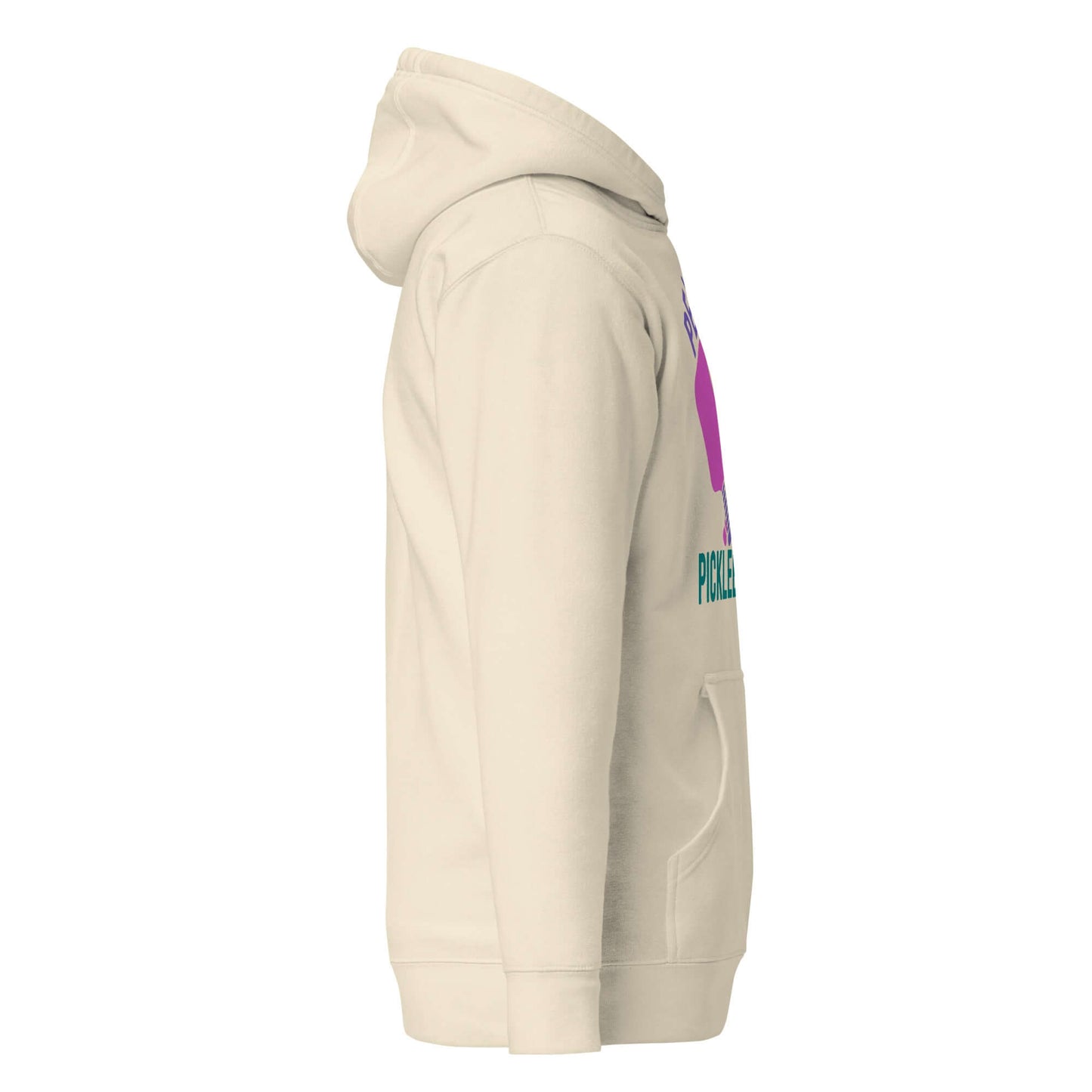 Side view of Women's Peace, Love, Pickleball Hoodie in cream color, showcasing stylish design and hood.