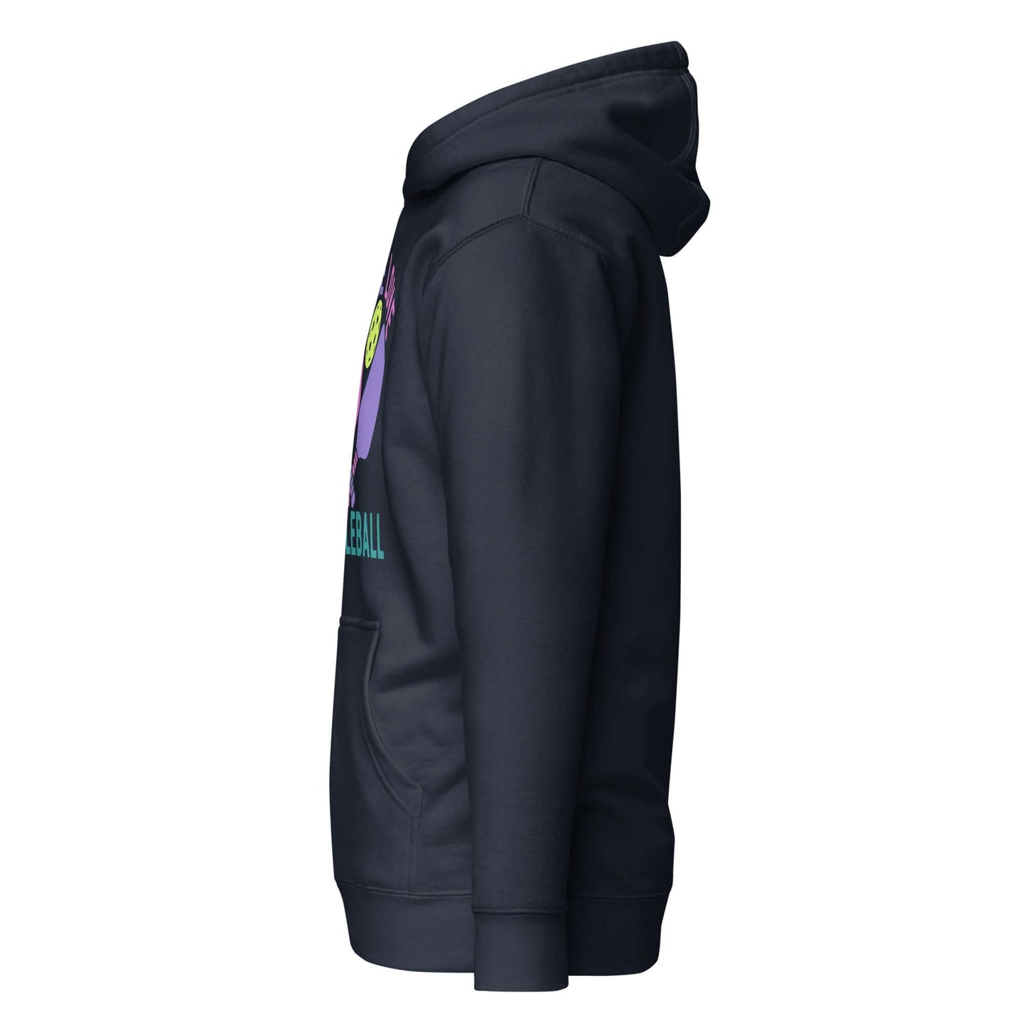 Side view of Women's Peace, Love, Pickleball Hoodie in dark color, showcasing design and comfortable fit.