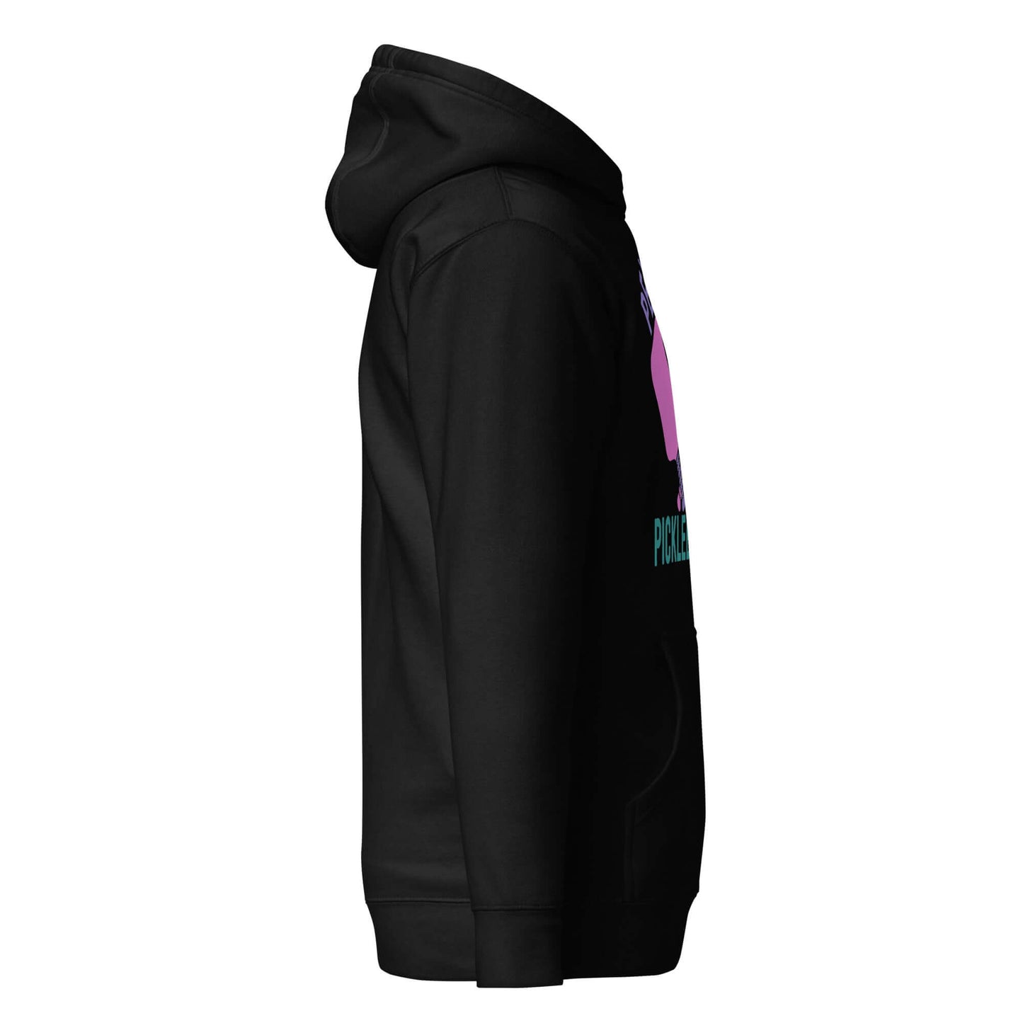 Side view of Women's Peace, Love, Pickleball Hoodie in black, showcasing stylish design and cozy fit.