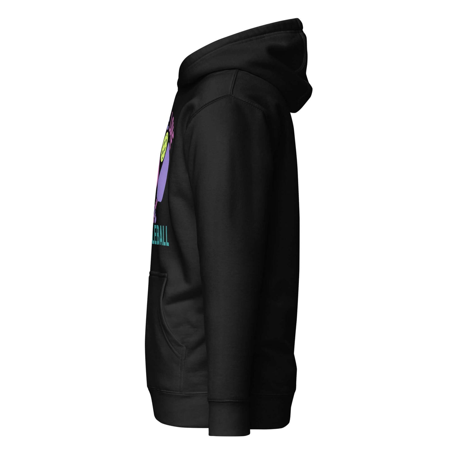 Black Women's Peace, Love, Pickleball Hoodie side view with colorful graphic design.