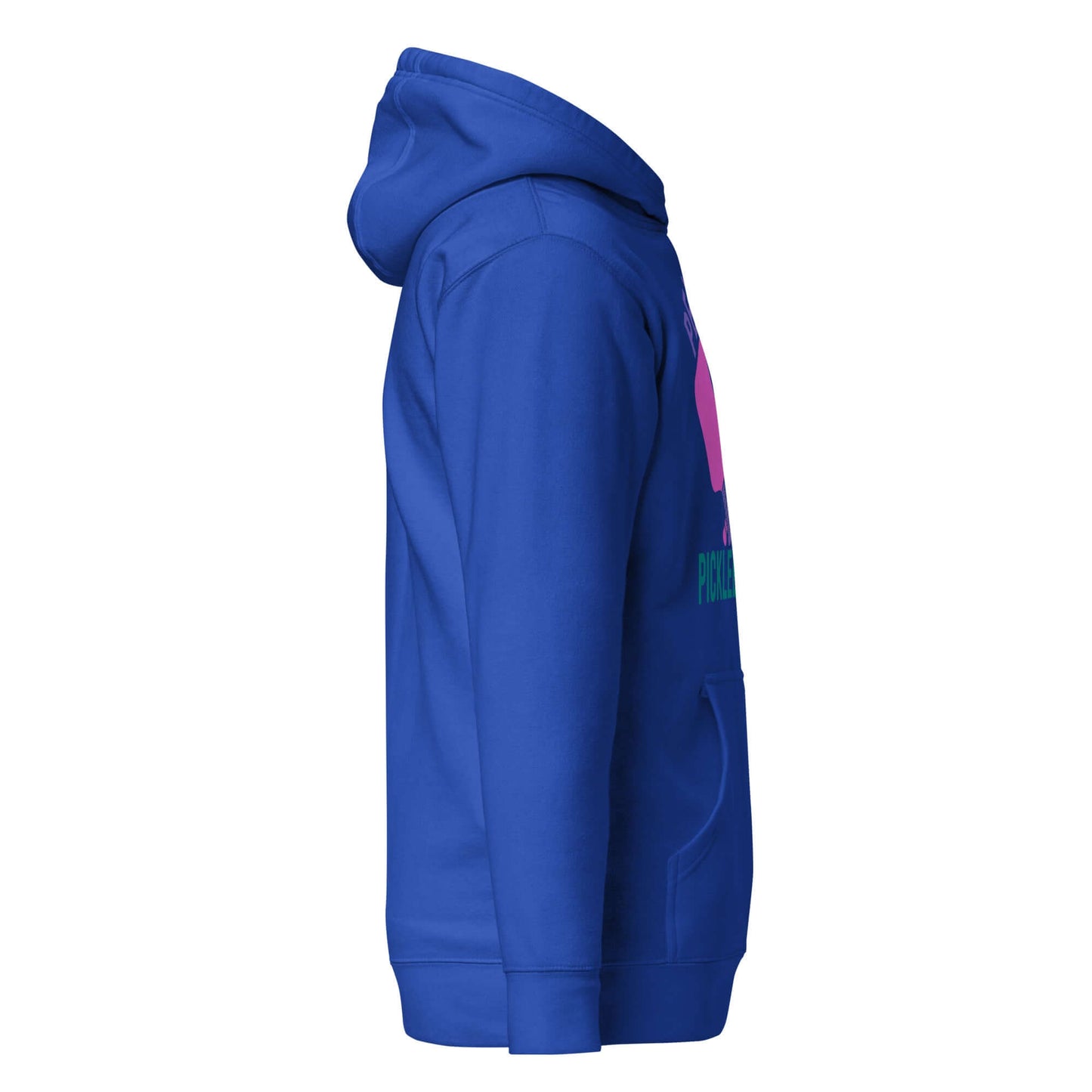Women's blue Peace, Love, Pickleball hoodie, side view, ideal for comfortable casual wear and chilly games.