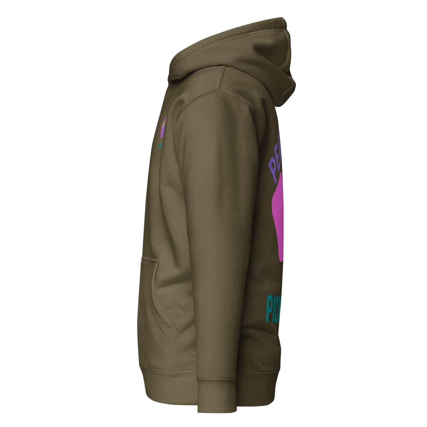 Women's Peace, Love, Pickleball Hoodie in olive green, stylish and cozy for pickleball enthusiasts.