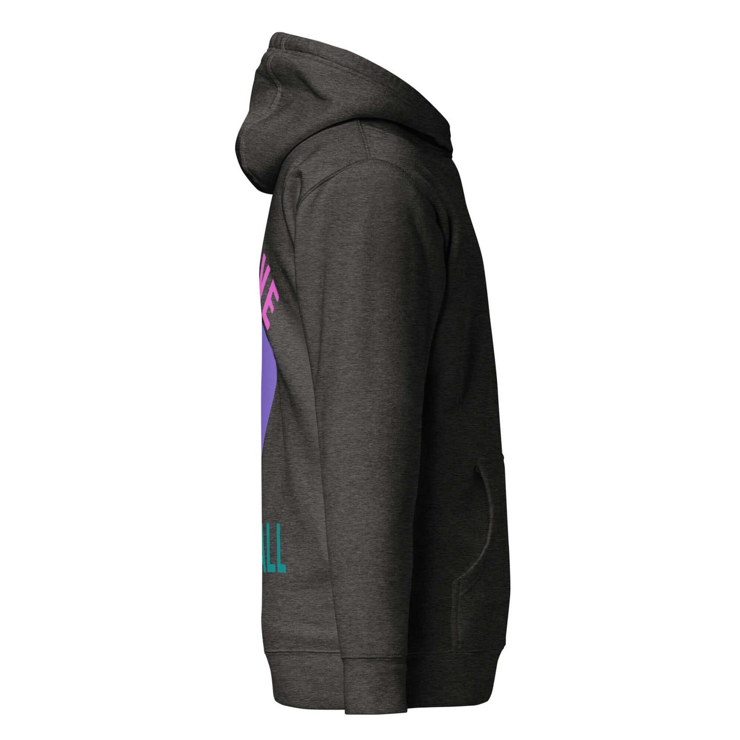 Side view of Women's Peace, Love, Pickleball Hoodie in dark gray featuring vibrant graphics.
