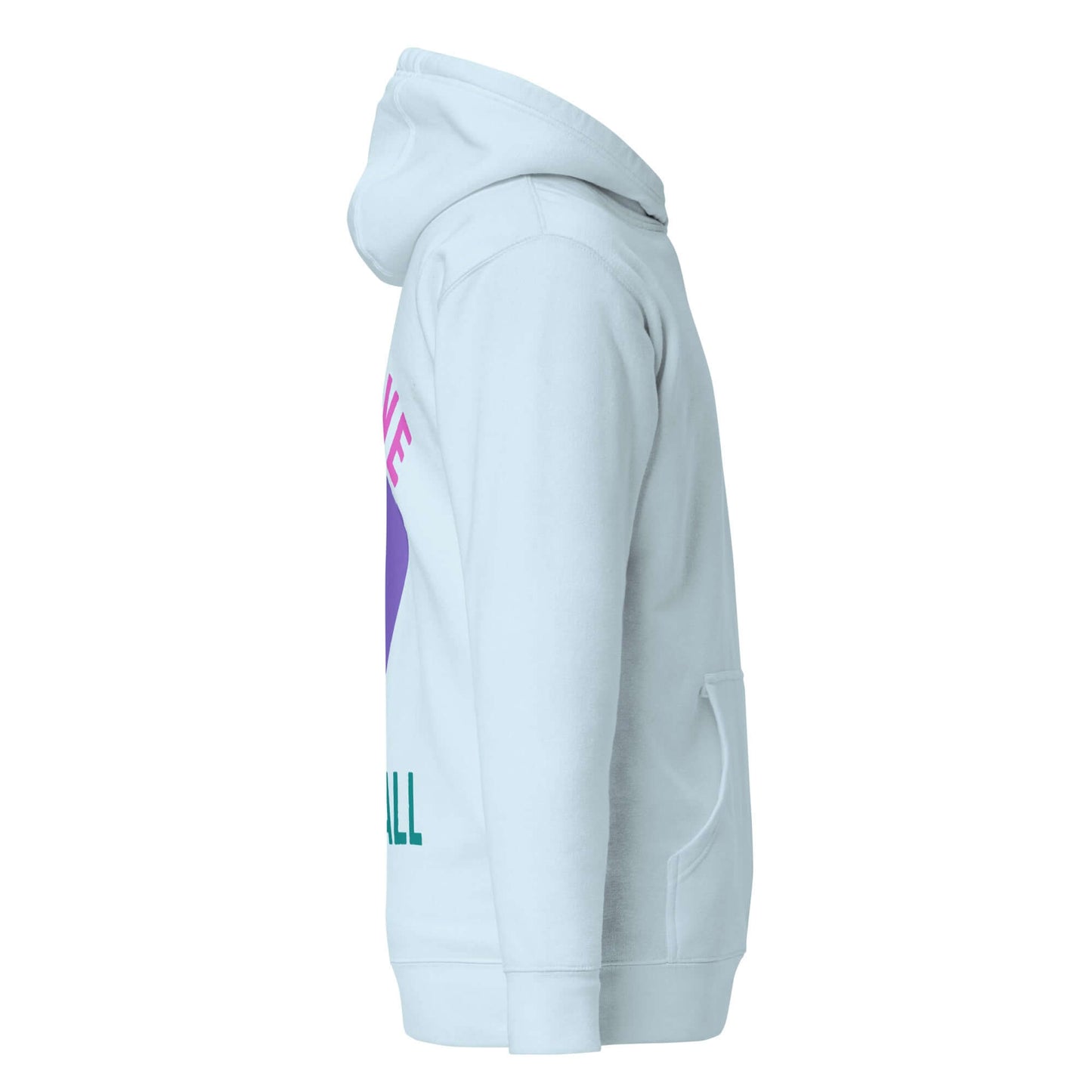 Side view of Women's Peace, Love, Pickleball Hoodie in light blue, perfect for pickleball enthusiasts.