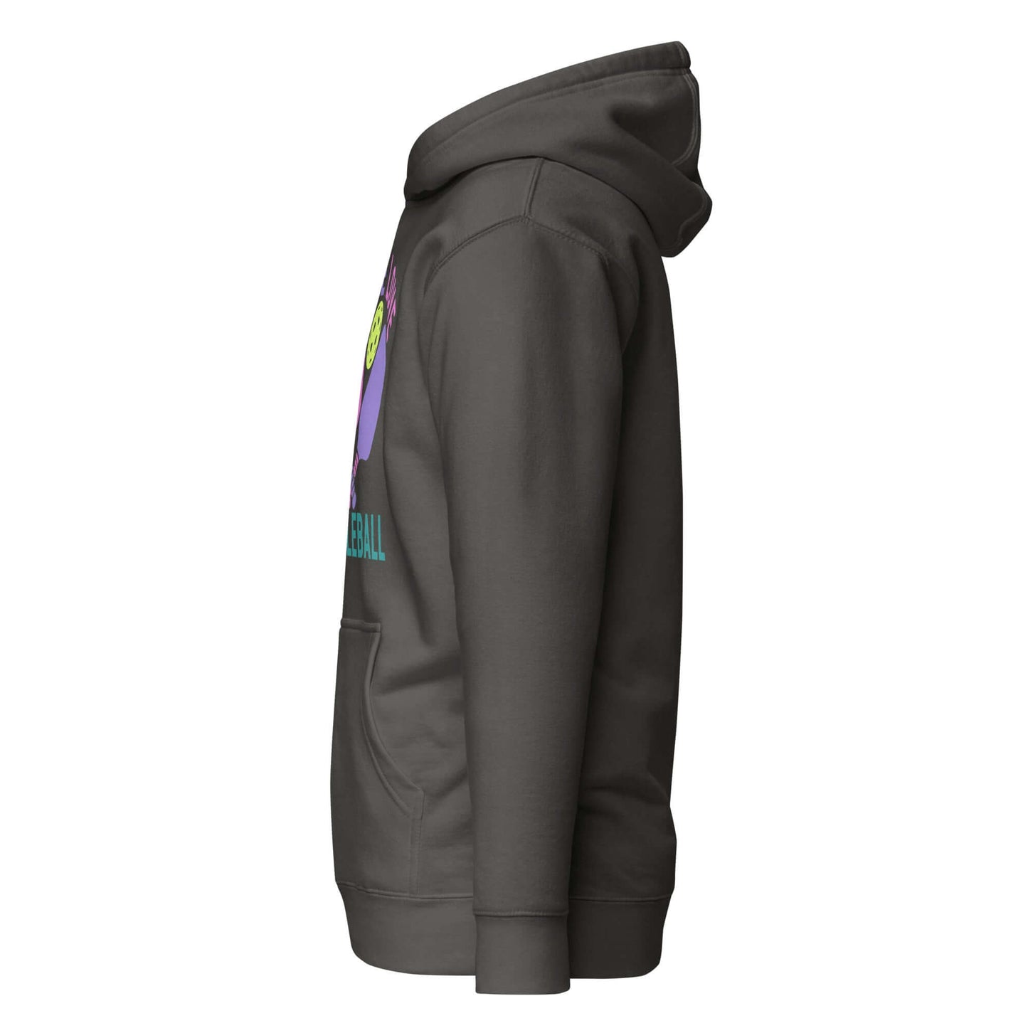 Side view of Women's Peace, Love, Pickleball Hoodie in dark gray, showcasing its cozy fit and stylish design.