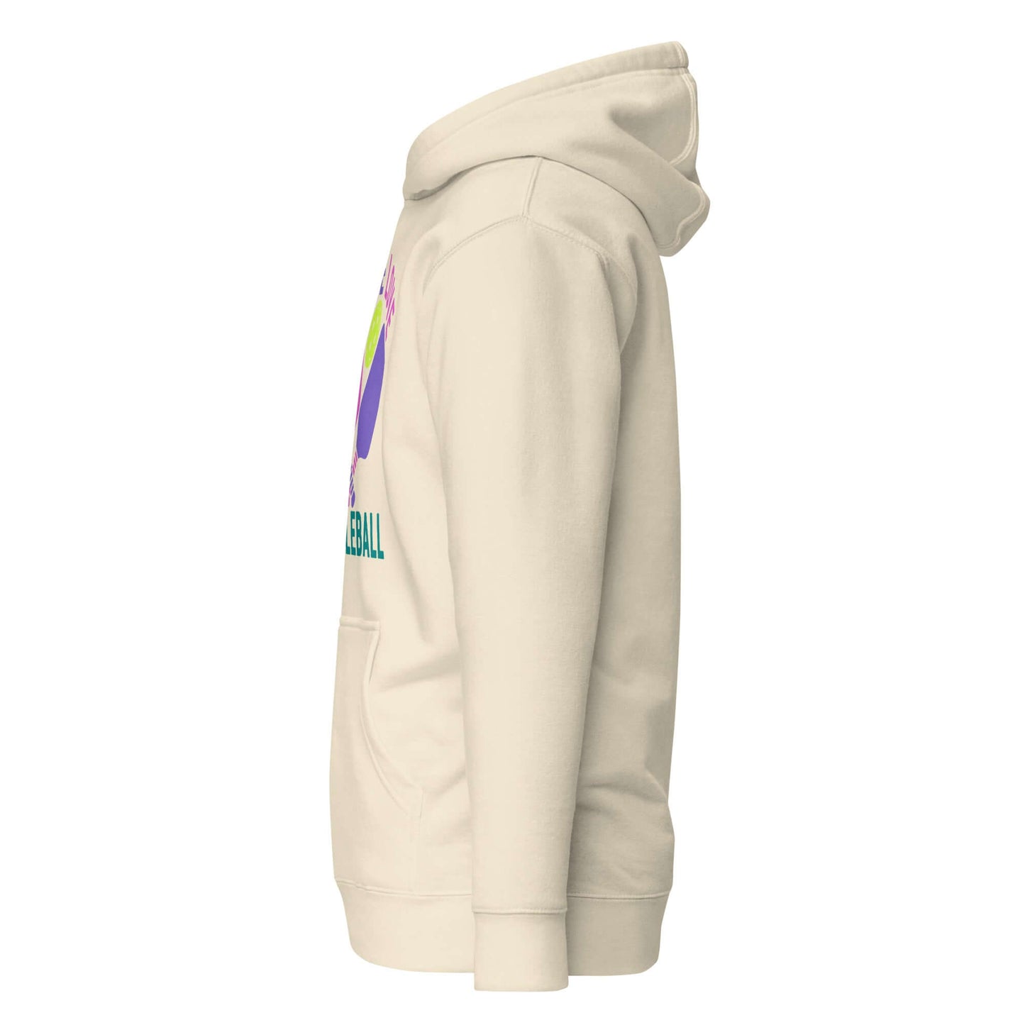 Side view of Women's Peace, Love, Pickleball Hoodie in cream color, featuring colorful graphic design.