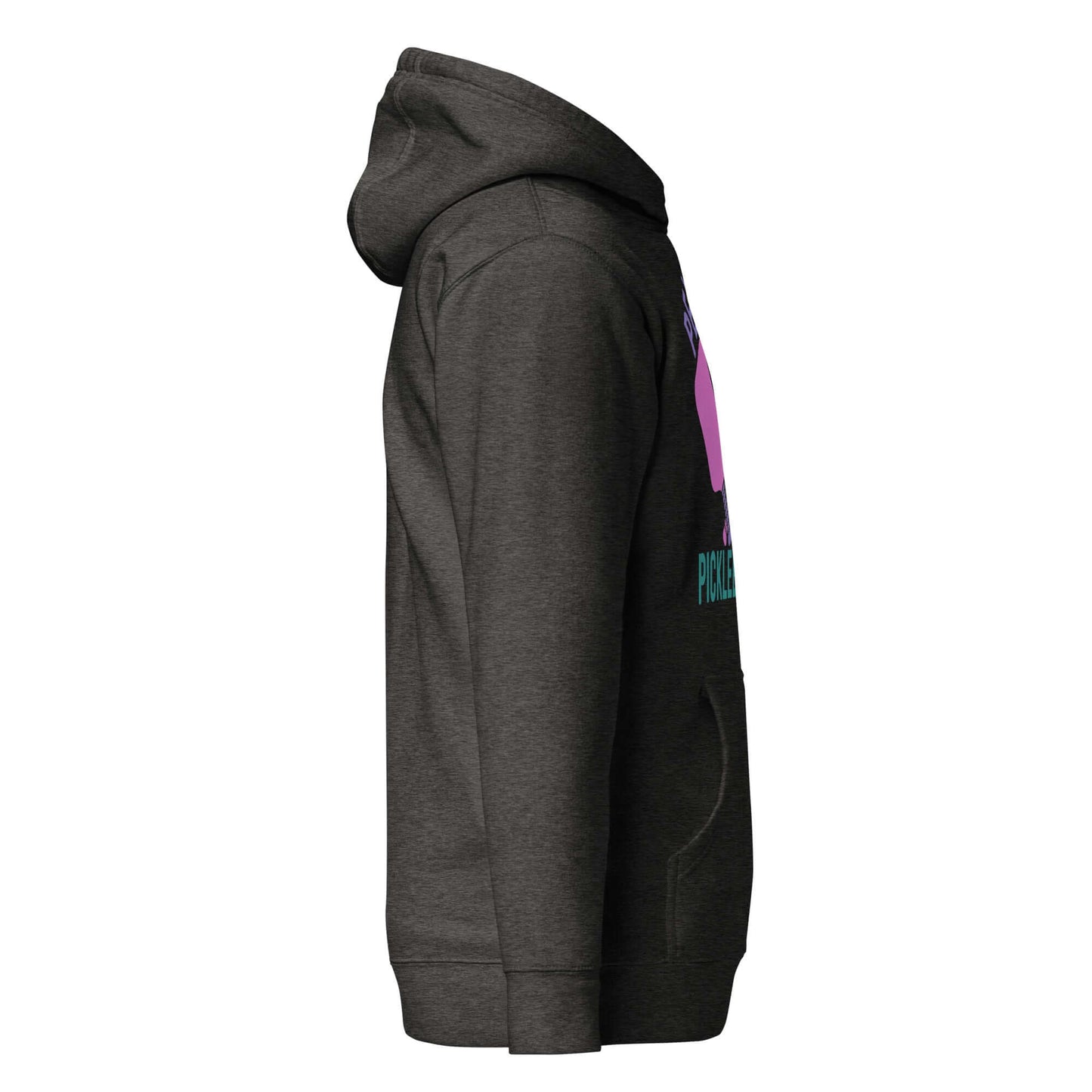 Side view of Women's Peace, Love, Pickleball Hoodie in dark grey, featuring playful graphics and a cozy fit.