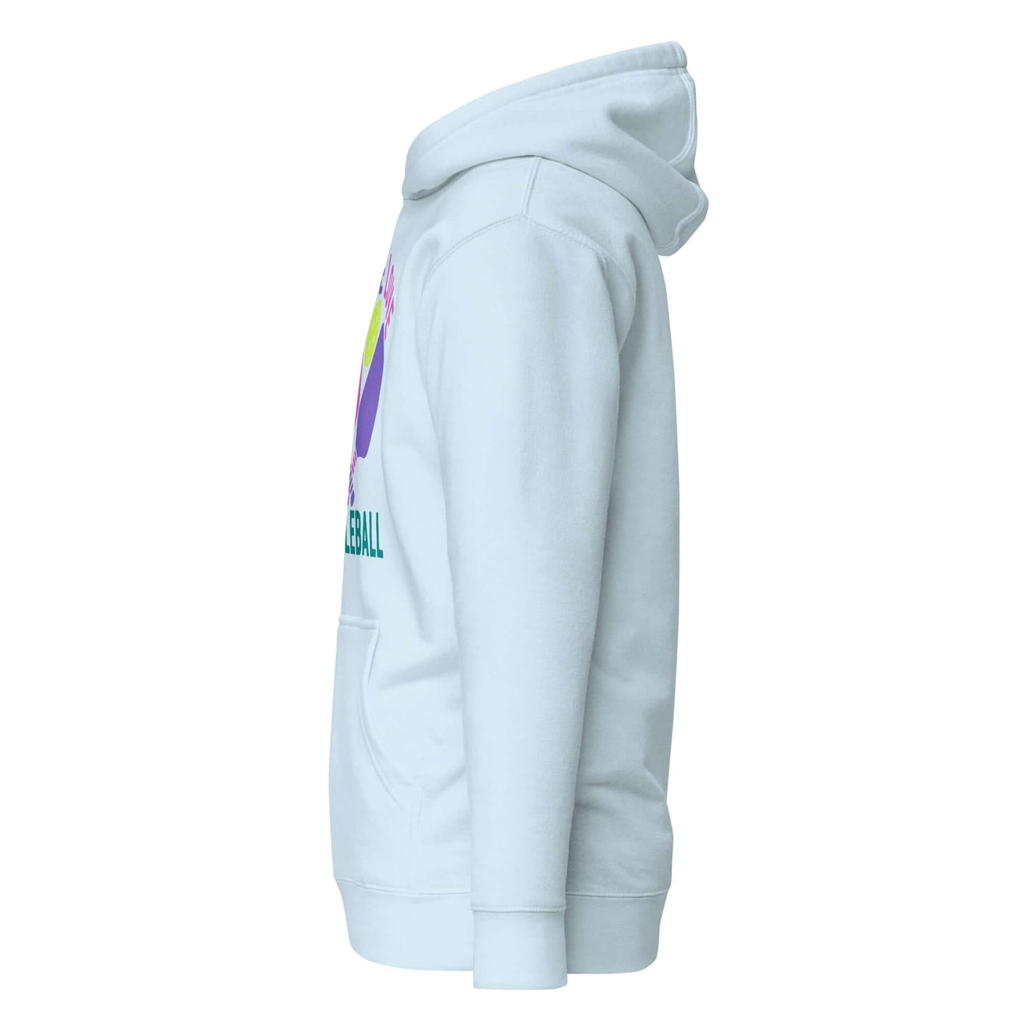 Light blue Women's Peace, Love, Pickleball hoodie displayed from the side, showcasing its stylish design and comfort.