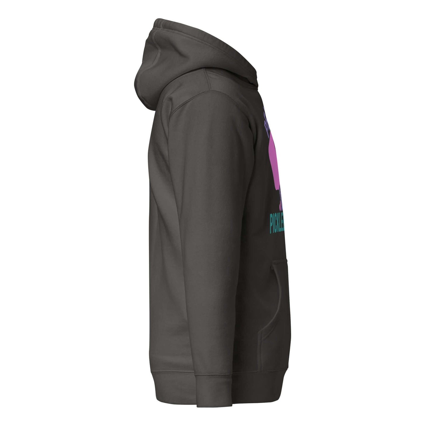 Side view of Women's Peace, Love, Pickleball Hoodie in dark color, showcasing stylish design and comfortable fit.