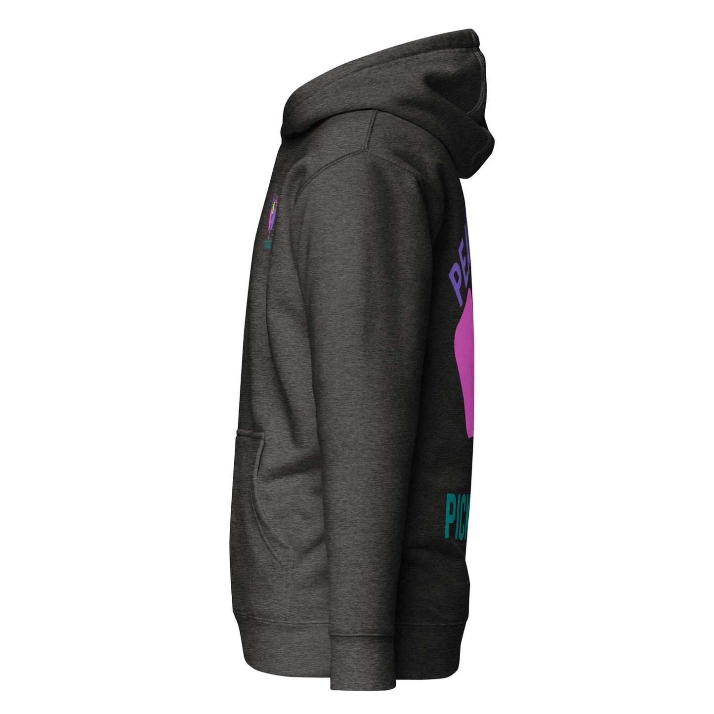 Women's Peace, Love, Pickleball Hoodie in dark color, showcasing side view with graphic design and pocket.