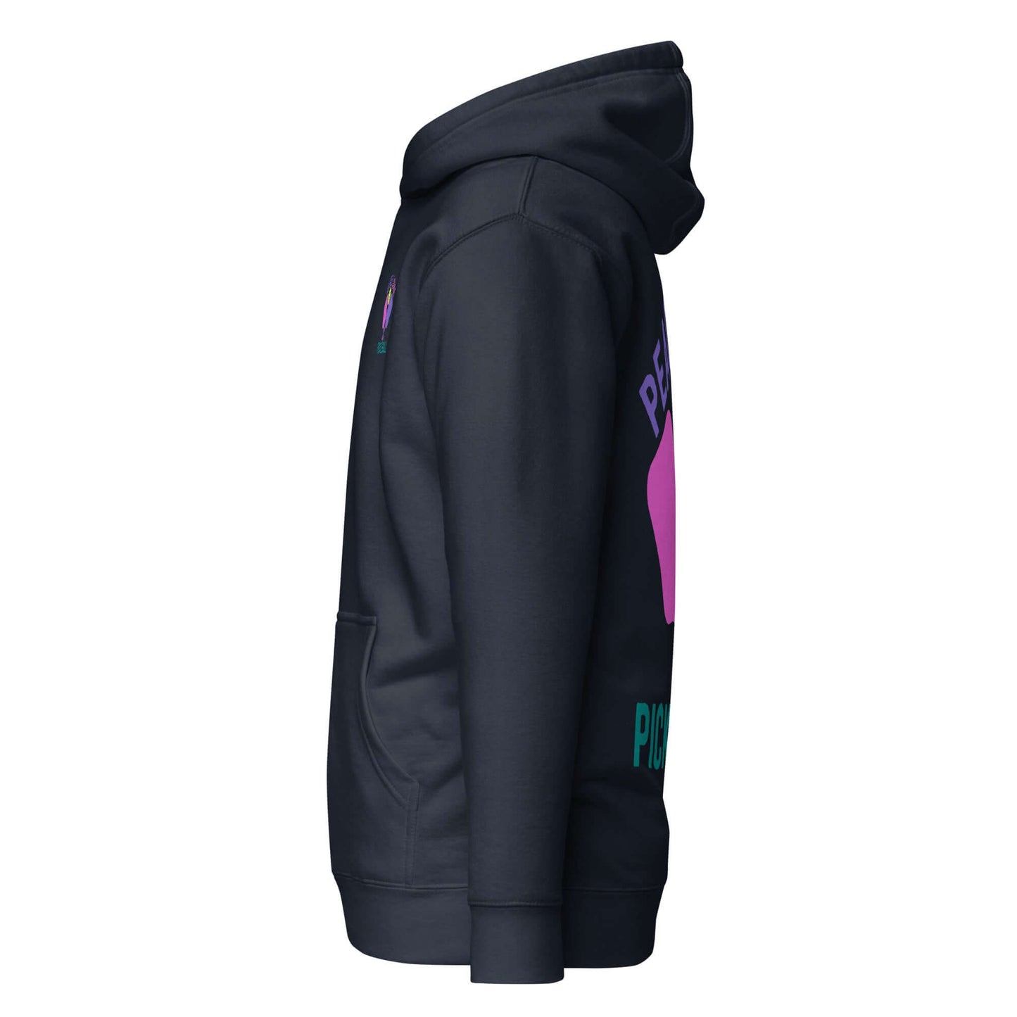 Side view of Women's Peace, Love, Pickleball Hoodie in dark color, featuring playful graphics.