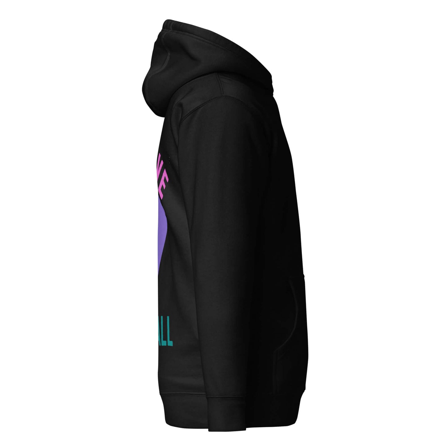 Side view of Women's Peace, Love, Pickleball Hoodie in black, showcasing stylish graphics and cozy design.