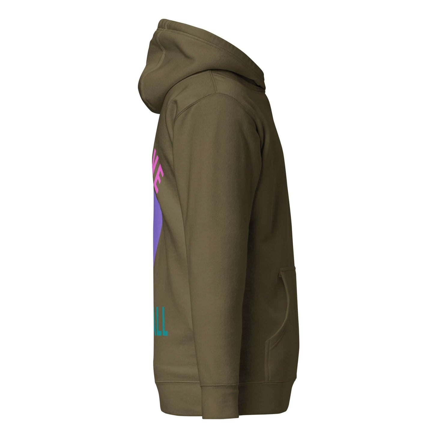 Side view of Women's Peace, Love, Pickleball Hoodie in olive green, showcasing colorful graphics and a cozy fit.