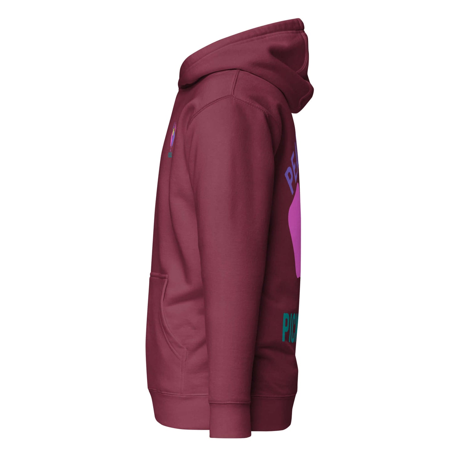 Side view of Women's Peace, Love, Pickleball Hoodie in maroon with colorful graphics, perfect for pickleball enthusiasts.