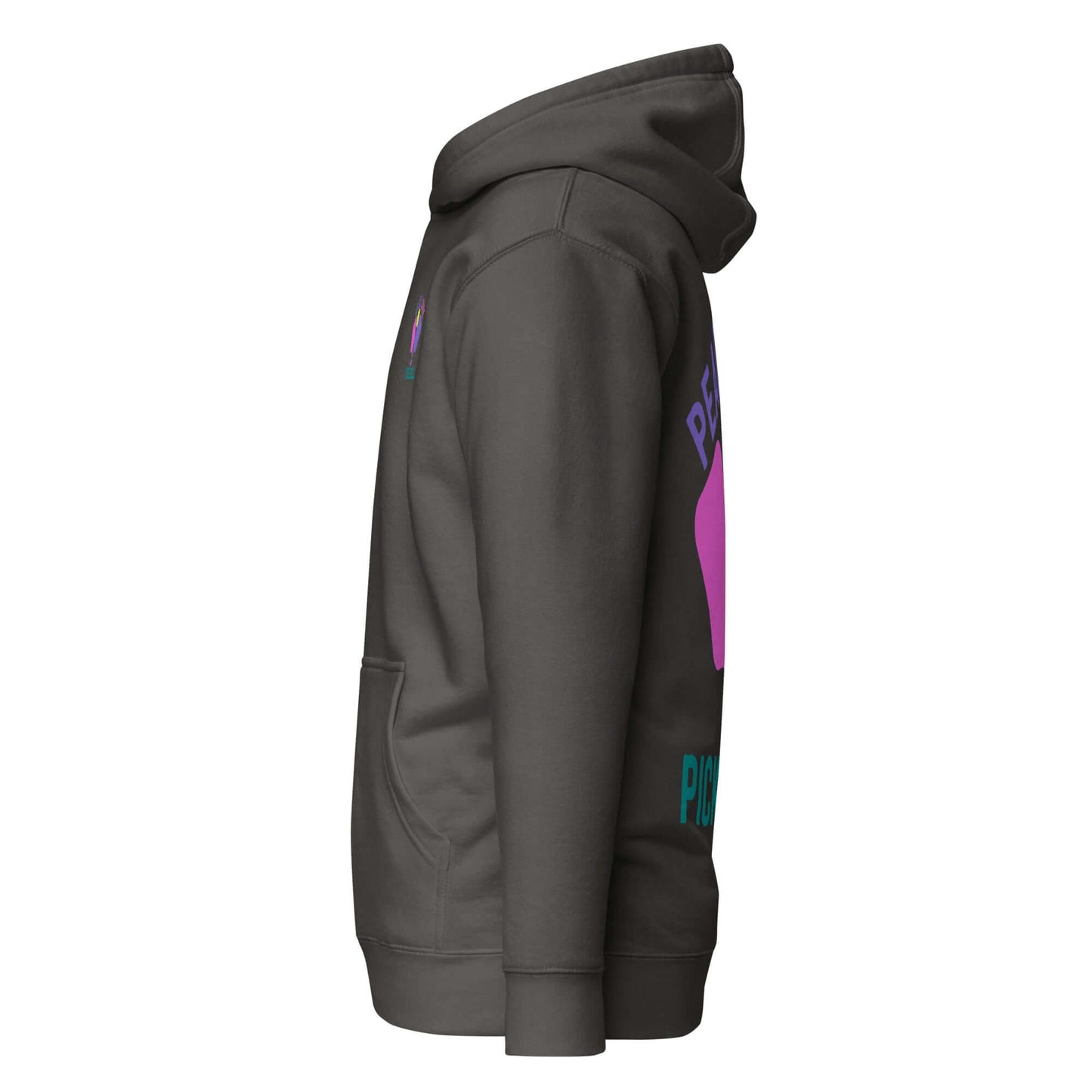 Women's Peace, Love, Pickleball Hoodie in side view, showcasing cozy style for pickleball enthusiasts.