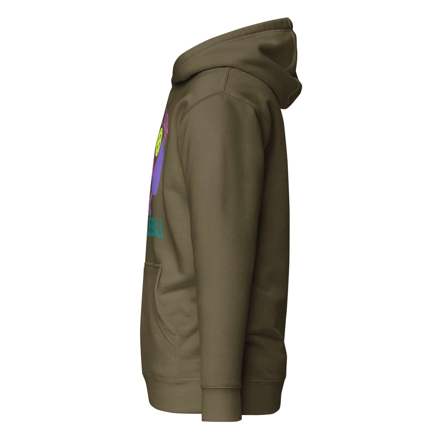 Side view of Women's Peace, Love, Pickleball Hoodie in olive green, showcasing stylish design and comfortable fit.