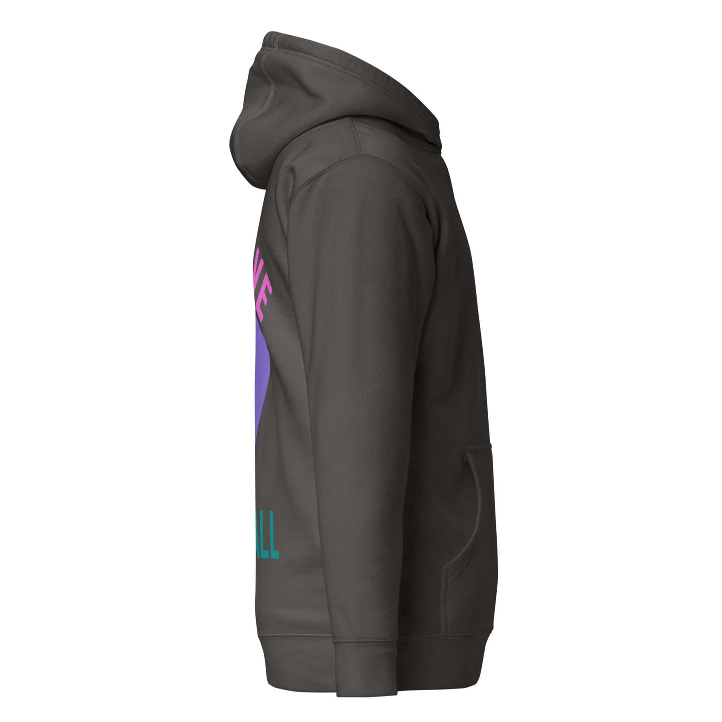 Side view of Women's Peace, Love, Pickleball Hoodie in dark color, showcasing its stylish design and comfort.