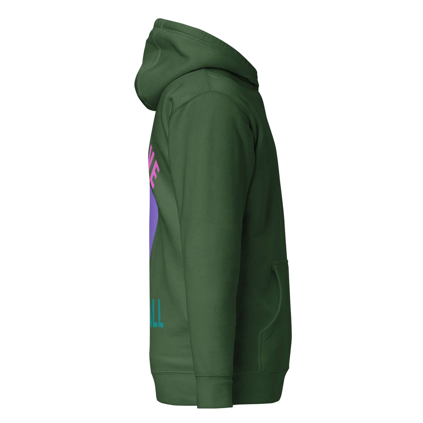 Women's Peace, Love, Pickleball Hoodie in green, showcasing a stylish side view with vibrant graphics.