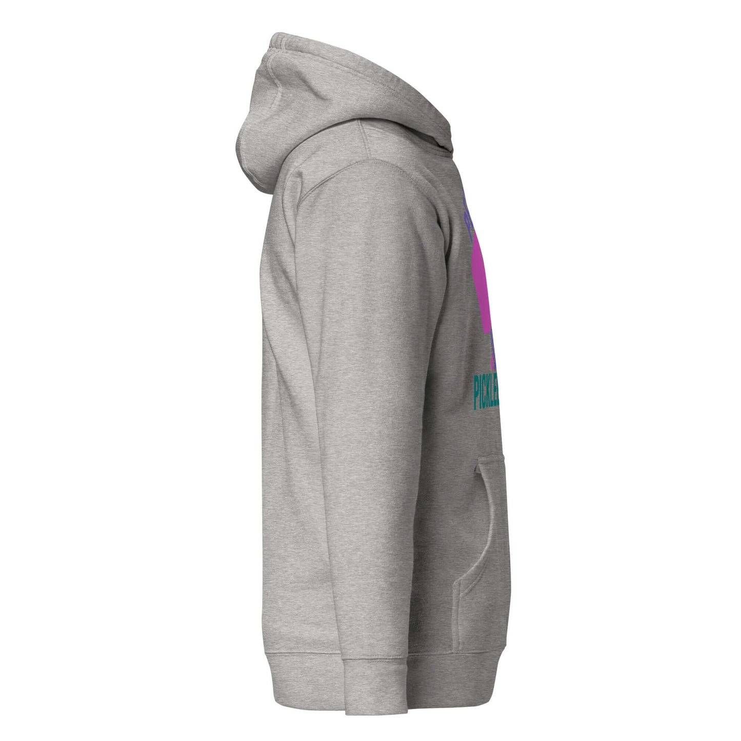 Side view of Women's Peace, Love, Pickleball Hoodie in gray, showcasing a stylish and cozy design.