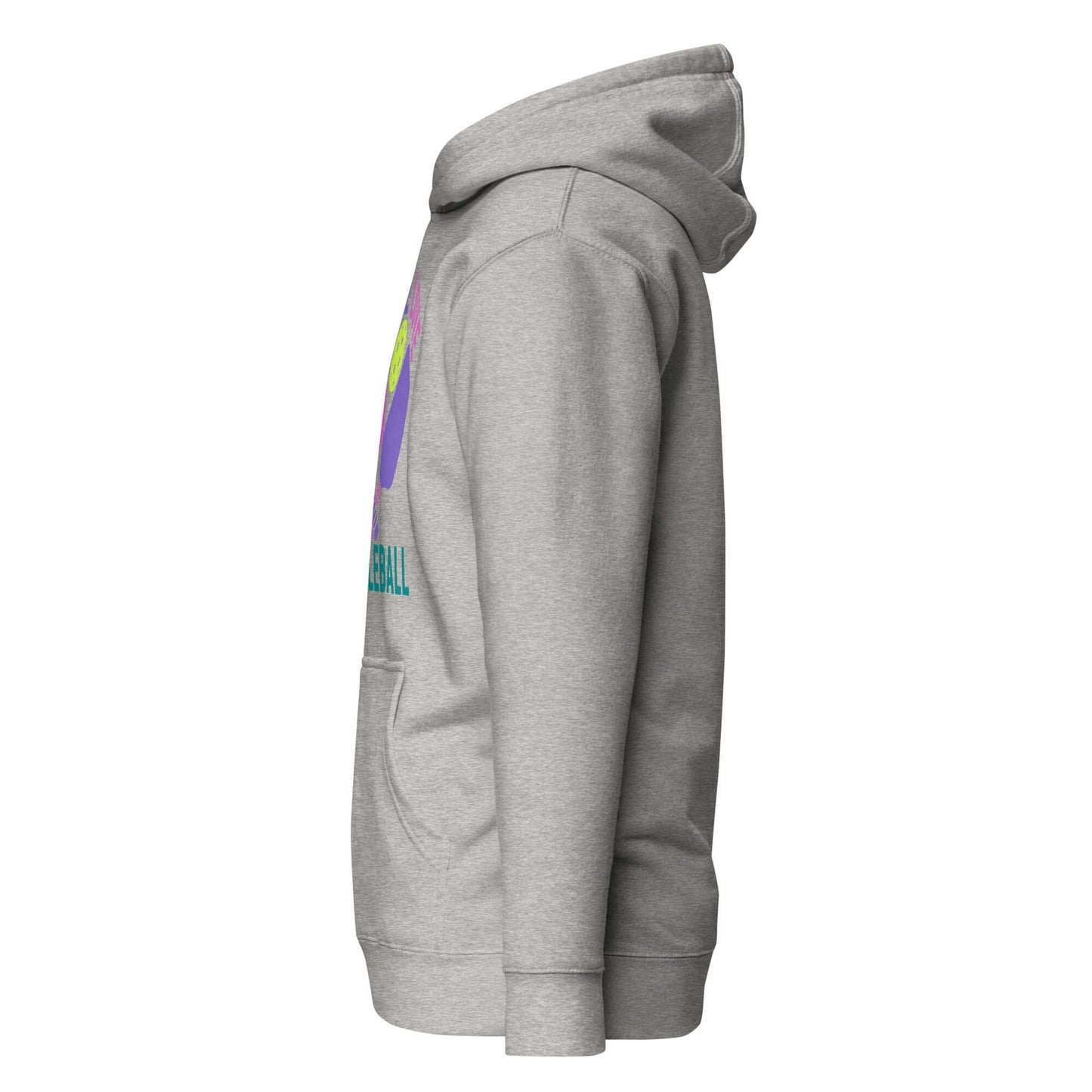 Side view of Women's Peace, Love, Pickleball Hoodie in gray, showcasing its cozy style and vibrant design.