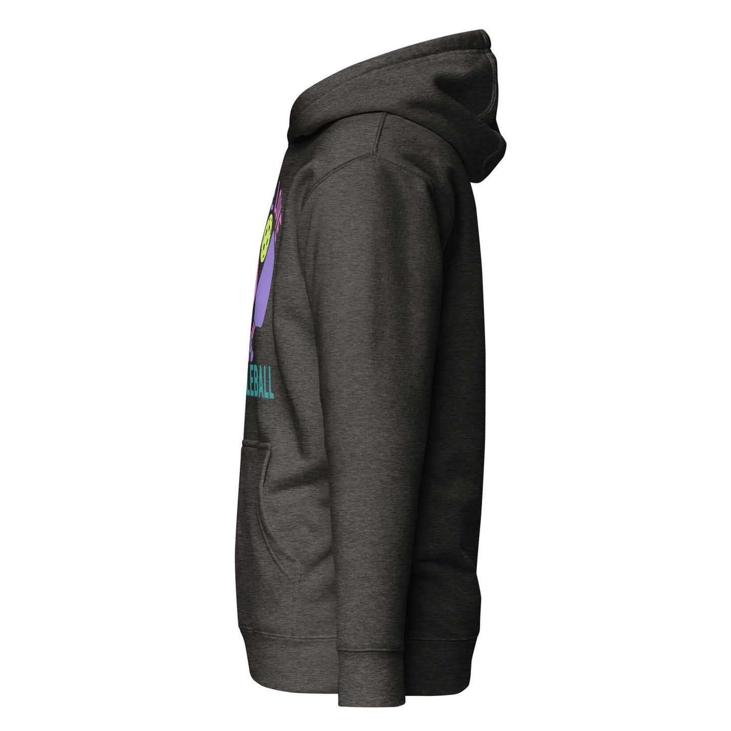 Side view of Women's Peace, Love, Pickleball Hoodie in dark color, showcasing comfort and stylish design for pickleball lovers.