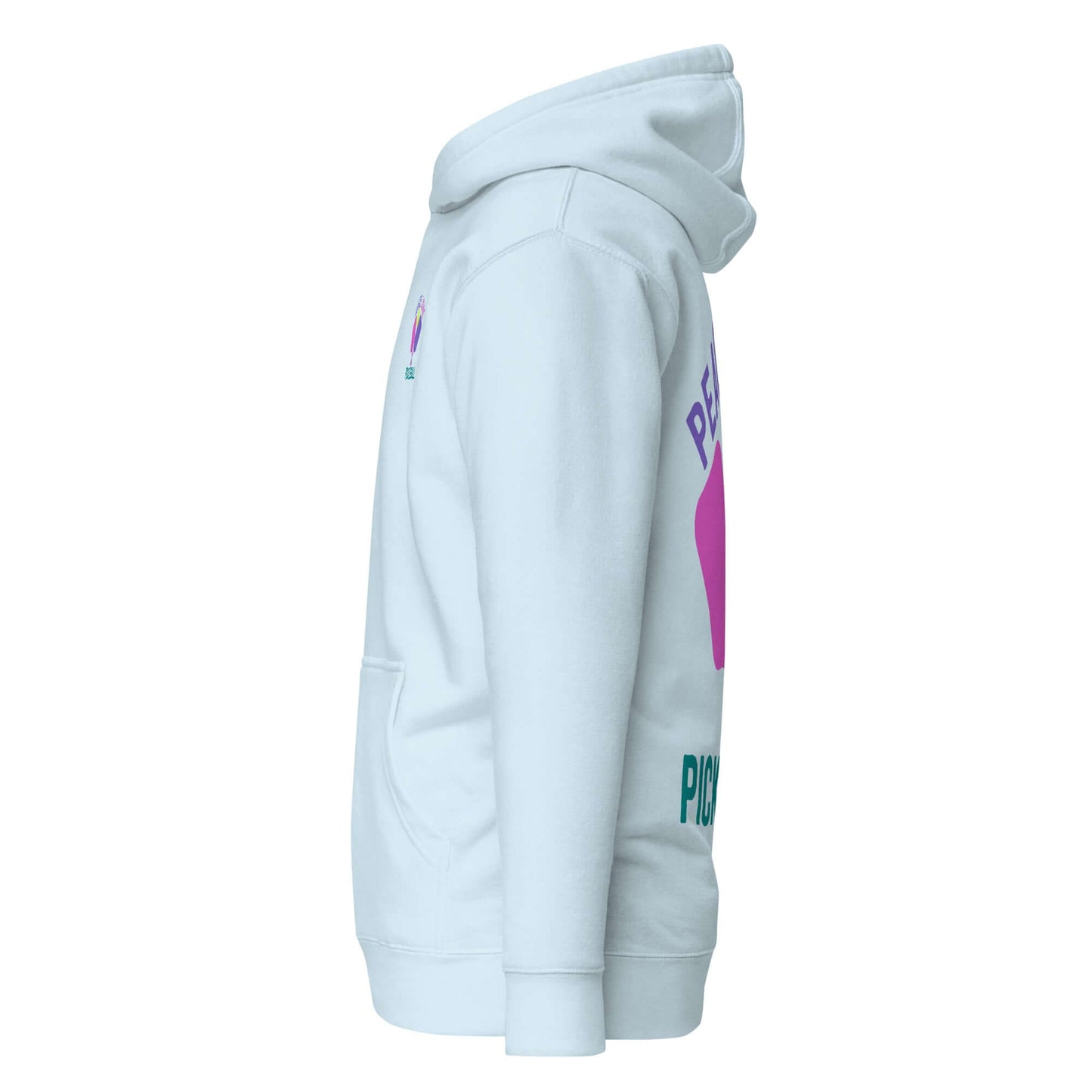 Side view of Women's Peace, Love, Pickleball Hoodie in light blue, showcasing comfort and style for pickleball enthusiasts.