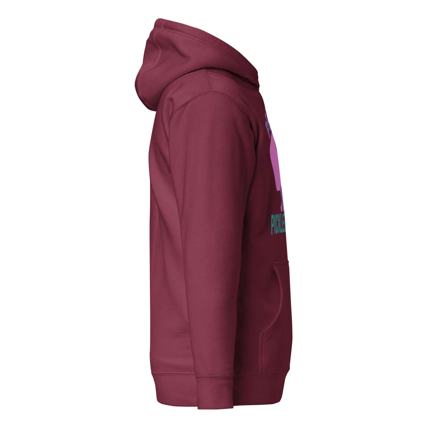 Side view of Women's Peace, Love, Pickleball Hoodie in burgundy, featuring colorful text and a comfortable design.