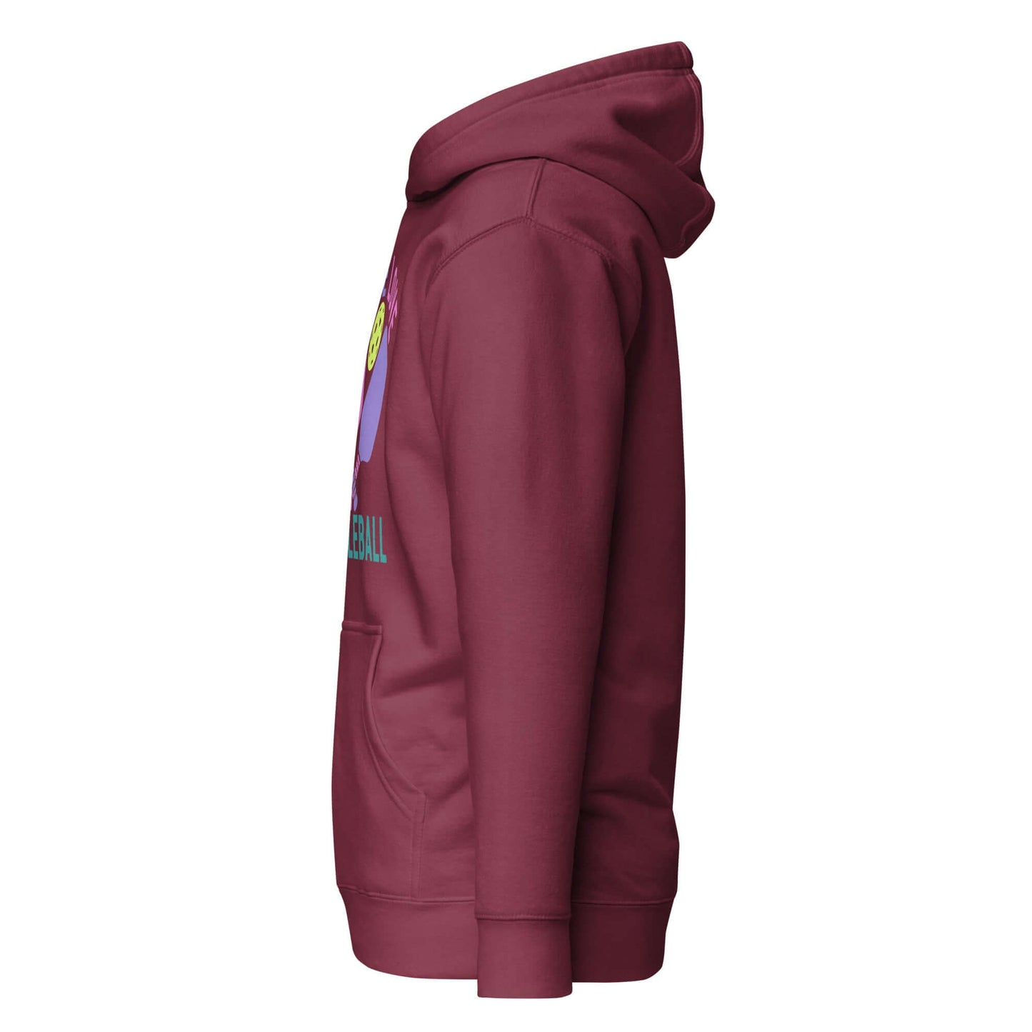 Side view of Women's Peace, Love, Pickleball Hoodie in burgundy, showcasing its cozy design and playful graphics.