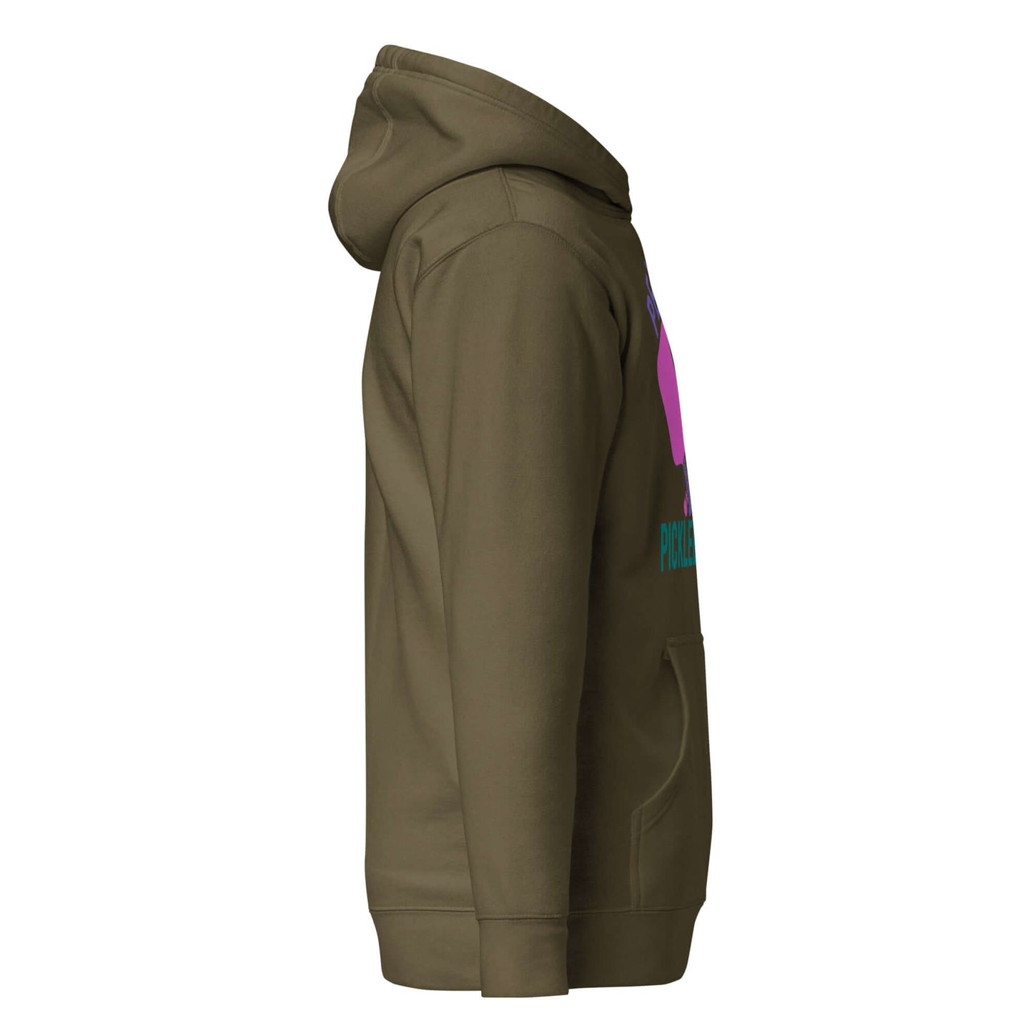 Side view of Women's Peace, Love, Pickleball Hoodie in olive green, showcasing stylish design and cozy fit.