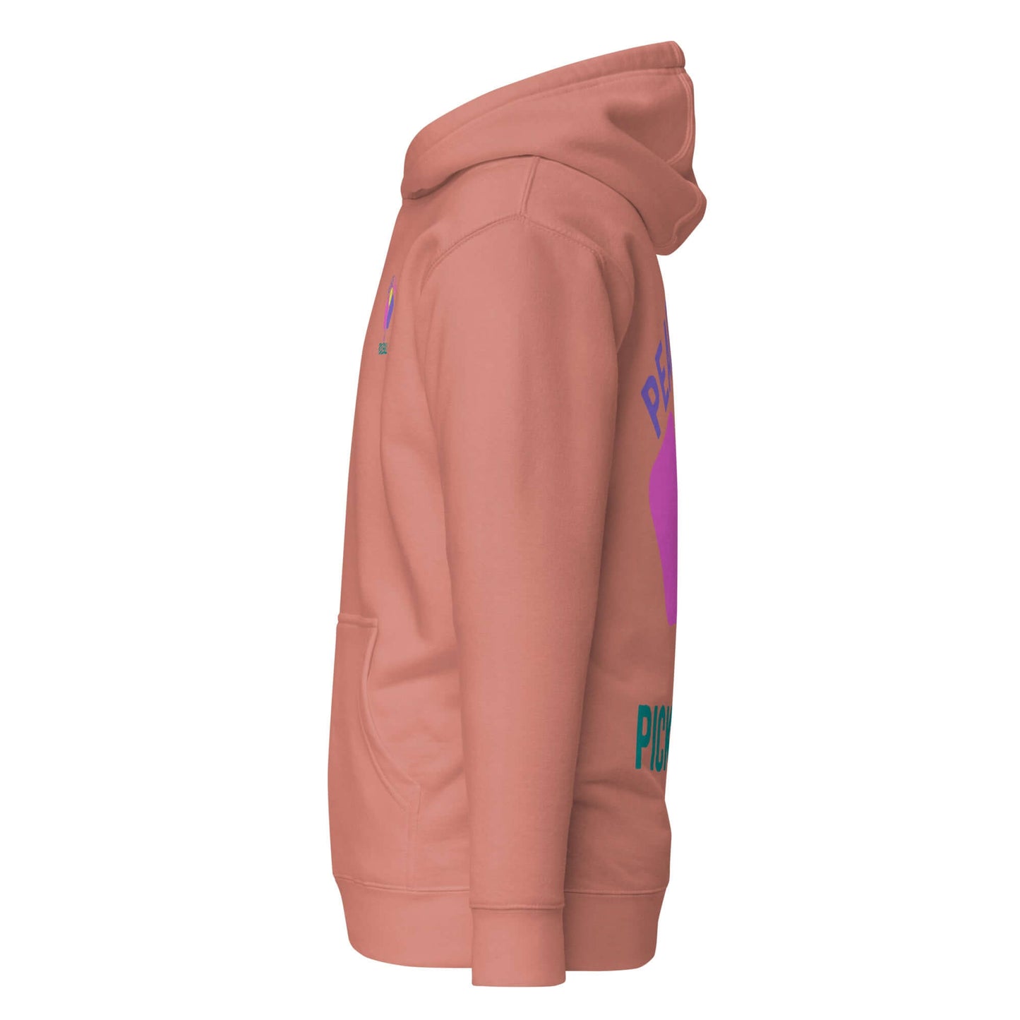 Side view of Women's Peace, Love, Pickleball Hoodie in peach, featuring stylish graphics and a cozy fit.