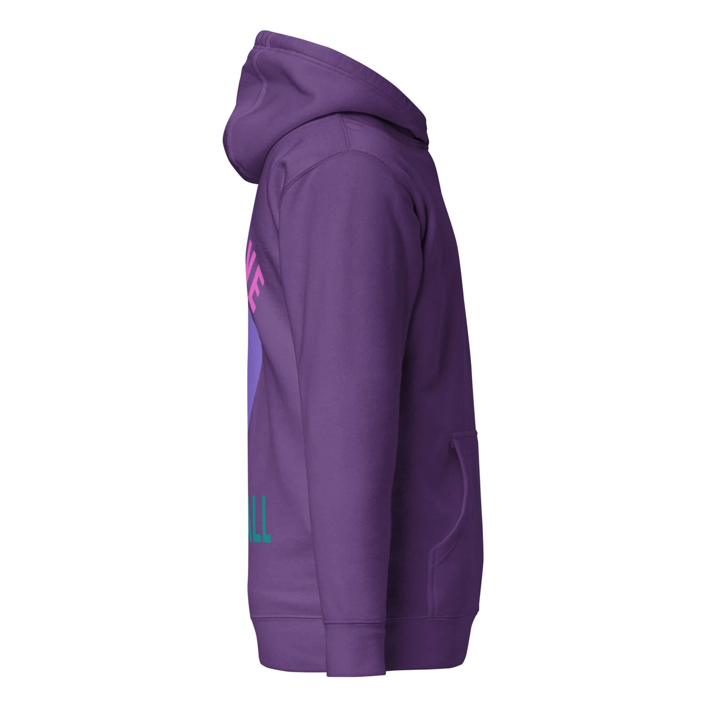Side view of Women's Peace, Love, Pickleball Hoodie in purple color, showcasing comfortable and stylish design.