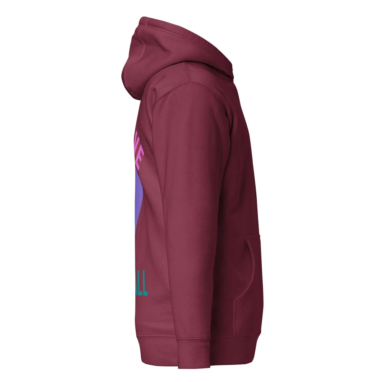 Side view of Women's Peace, Love, Pickleball Hoodie in maroon, showcasing its stylish design and cozy fit.