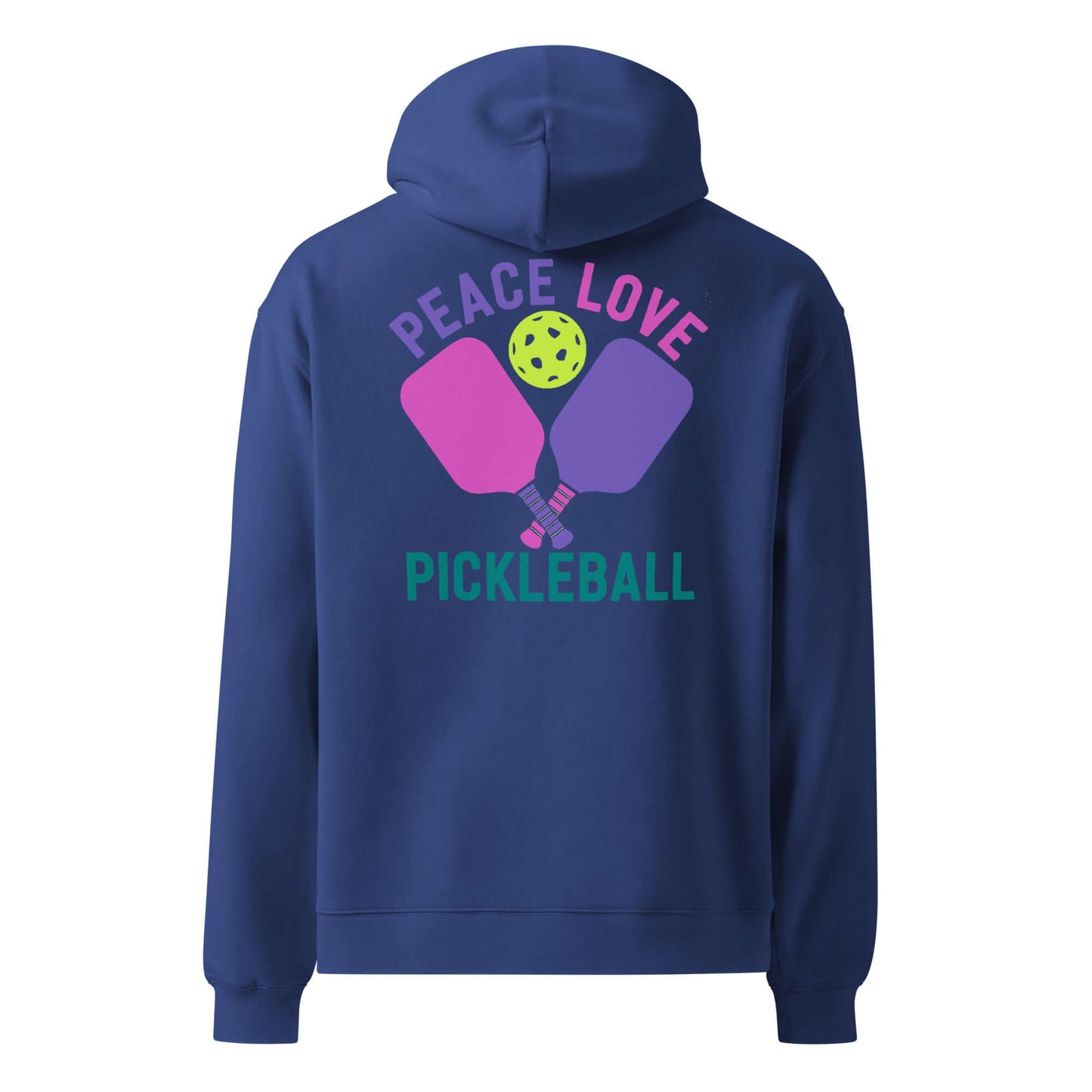 Back view of Women's Peace, Love, Pickleball Oversized Hoodie in navy with colorful graphic design.