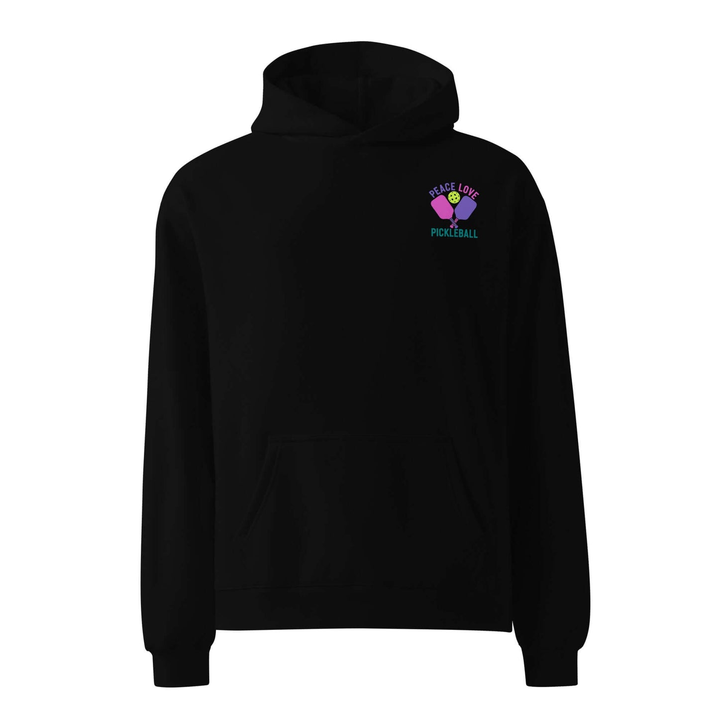 Women's oversized black hoodie with 'Peace Love Pickleball' graphic, perfect for casual wear and pickleball enthusiasts.