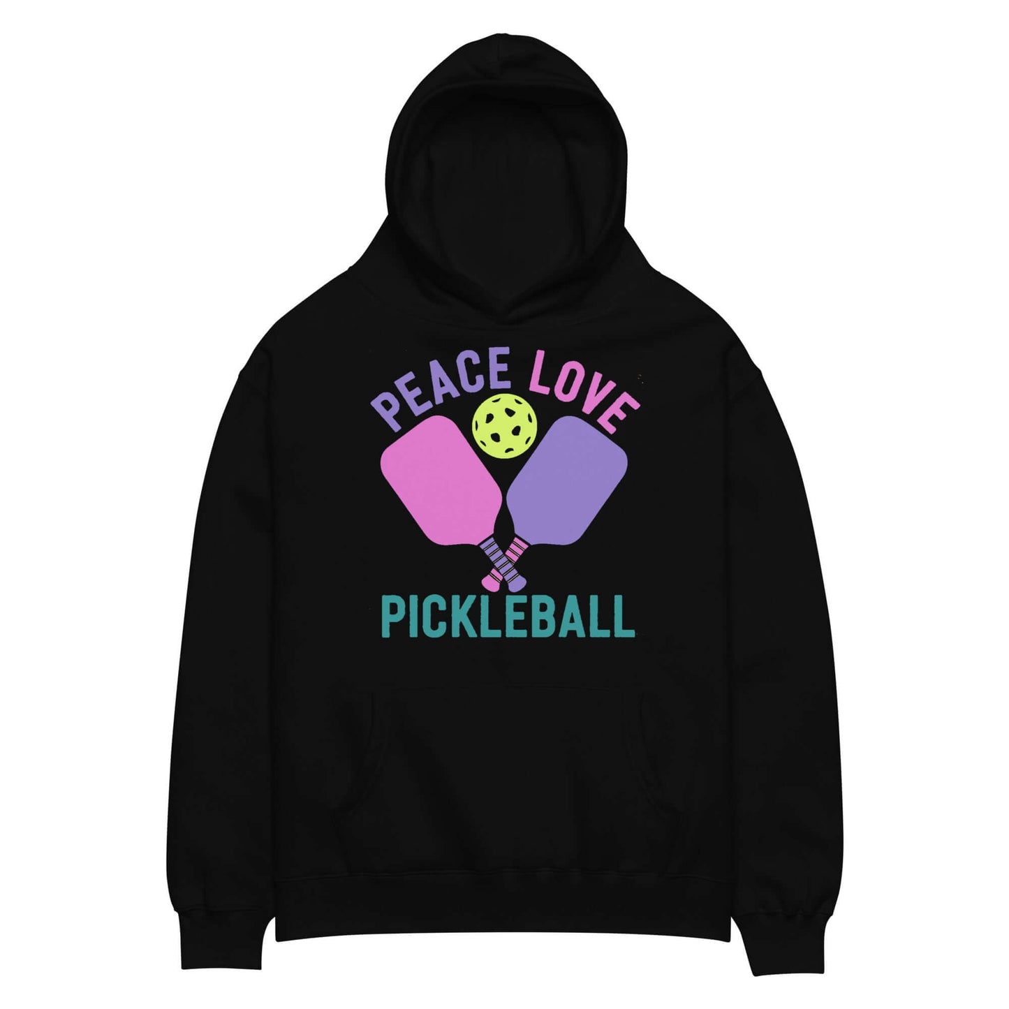 Women's oversized hoodie featuring 'Peace Love Pickleball' graphic, perfect for casual wear and pickleball enthusiasts.