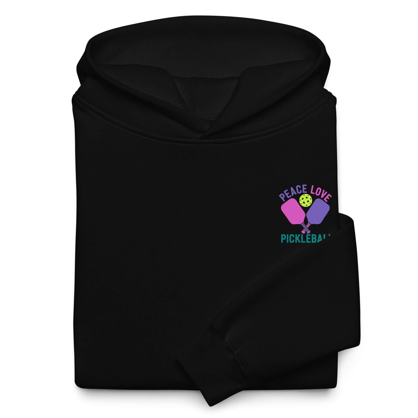 Women's Peace Love Pickleball oversized hoodie in black with colorful graphic design.
