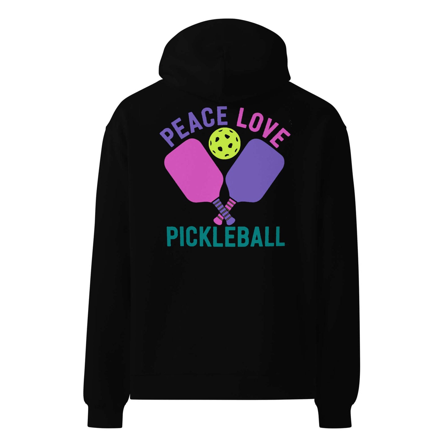 Women's oversized hoodie featuring 'Peace Love Pickleball' design in bright colors on a black background.