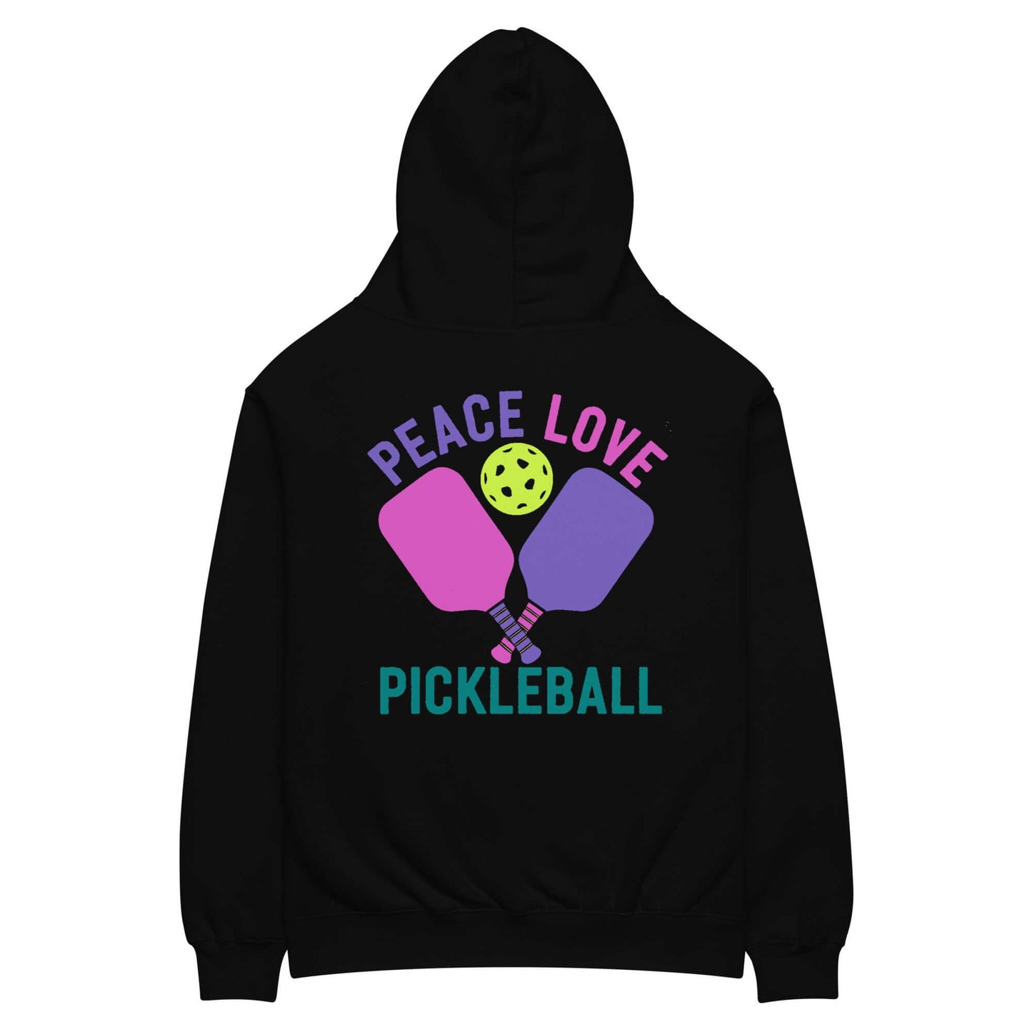 Women's oversized hoodie featuring 'Peace Love Pickleball' graphic design and vibrant colors.
