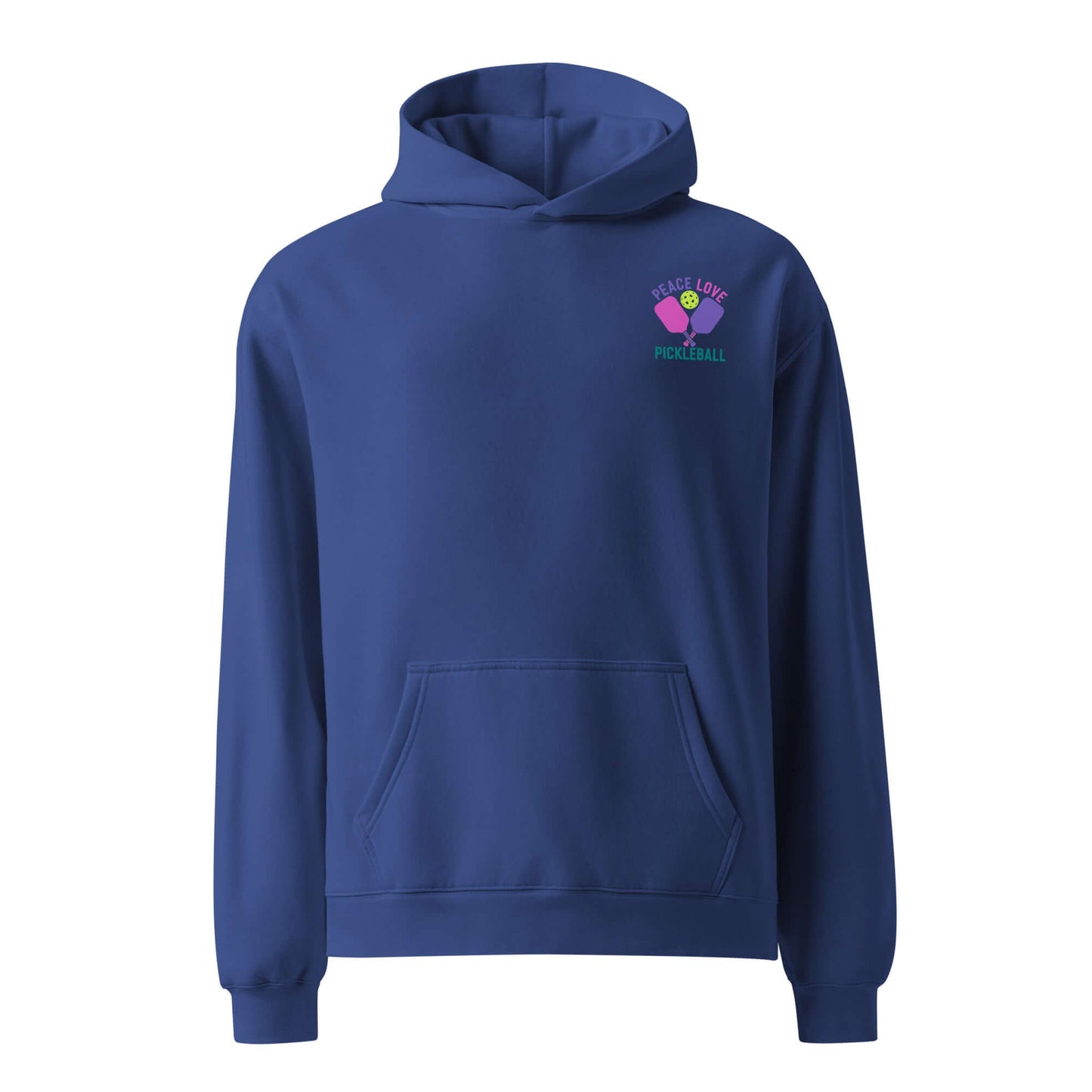 Women's oversized hoodie in navy featuring 'Peace Love Pickleball' logo, perfect for casual outings and pickleball enthusiasts.
