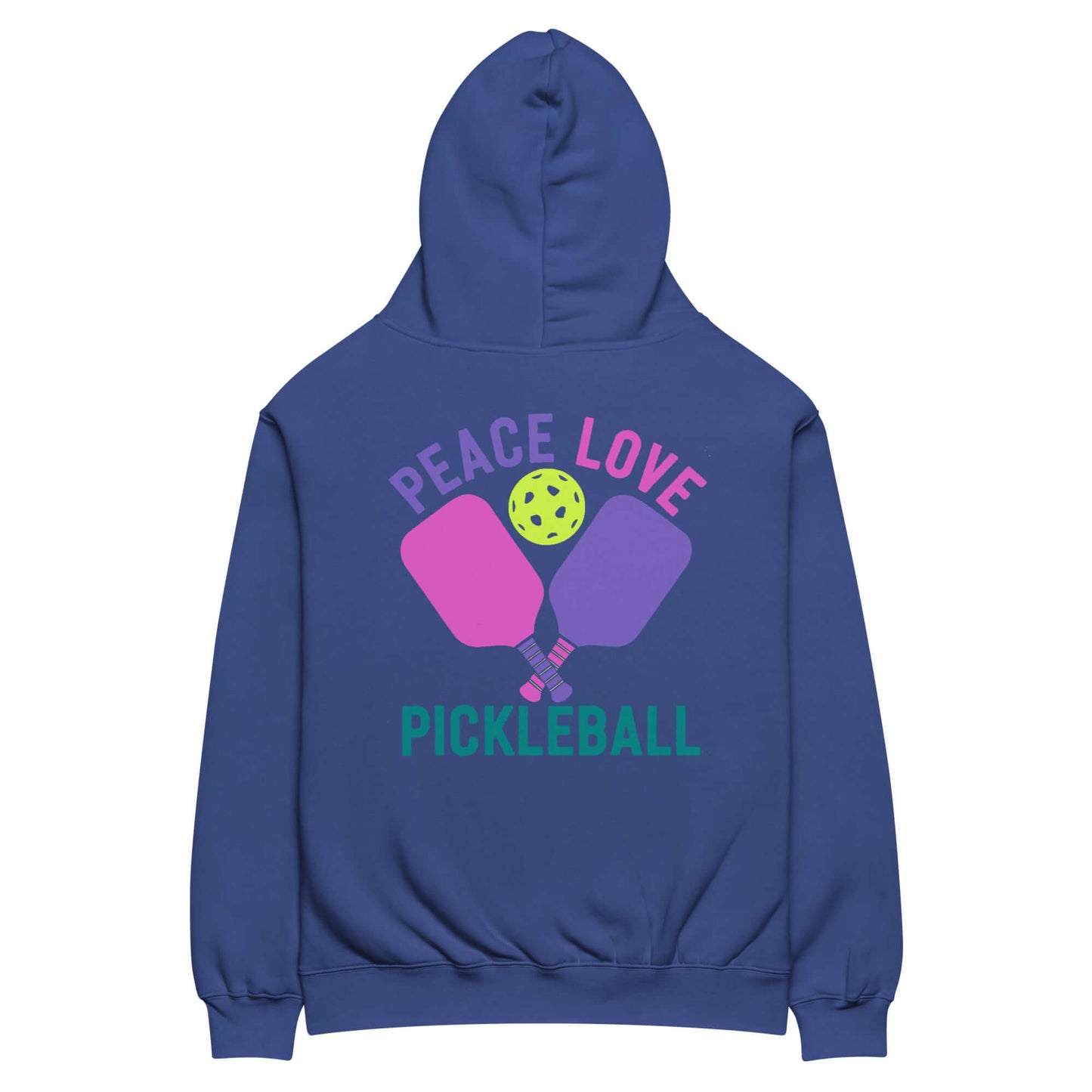 Back view of Women's oversized hoodie featuring 'Peace Love Pickleball' graphic with colorful paddles and ball.