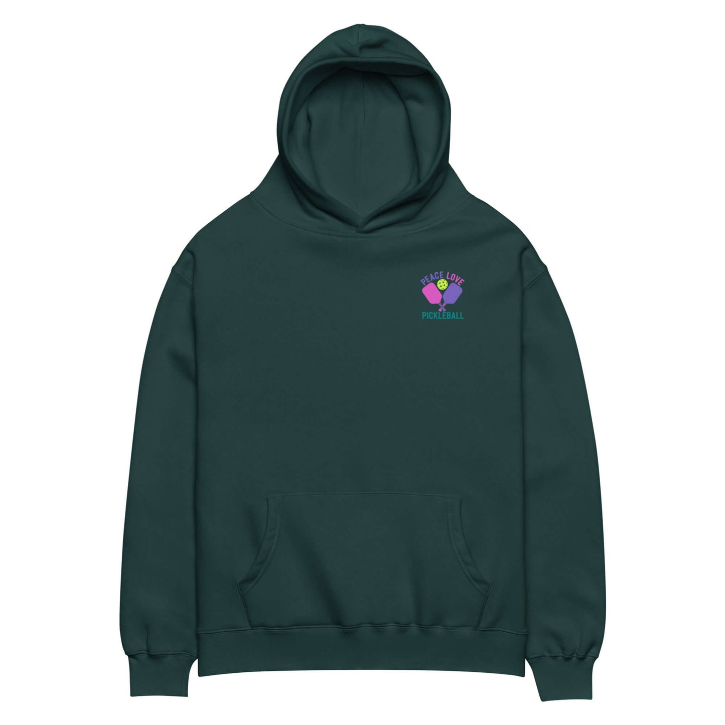 Women’s oversized hoodie in dark green with 'Peace, Love, Pickleball' design, perfect for casual wear or sports.