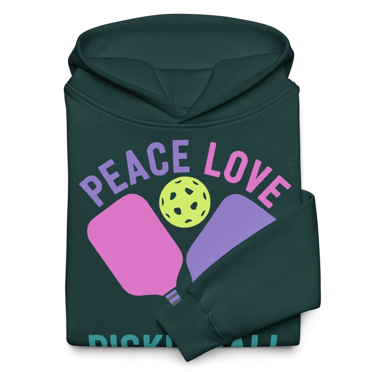 Women's oversized hoodie featuring 'Peace Love Pickleball' graphic design in vibrant colors.