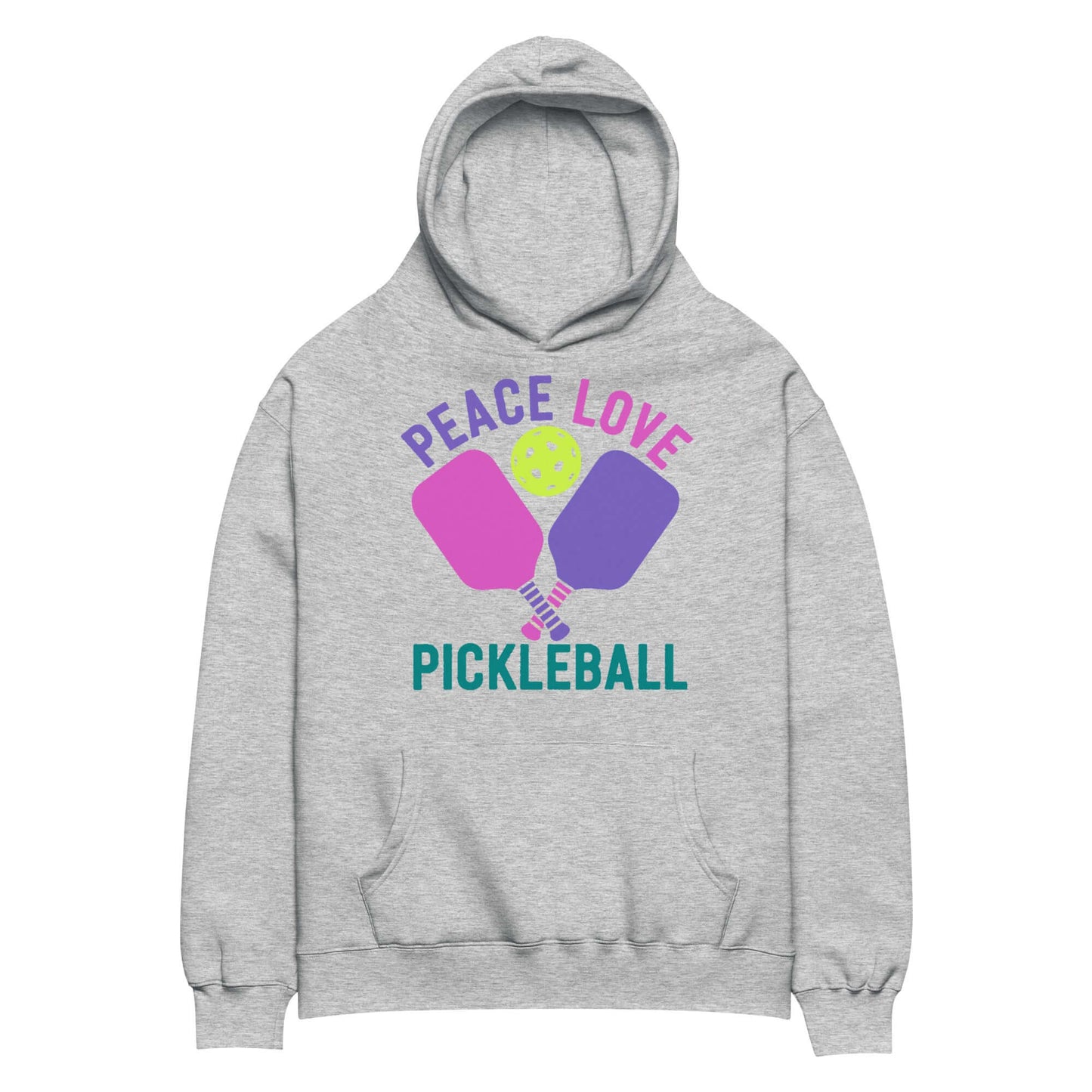 Women's oversized hoodie with 'Peace Love Pickleball' graphic, perfect for casual wear and pickleball enthusiasts.