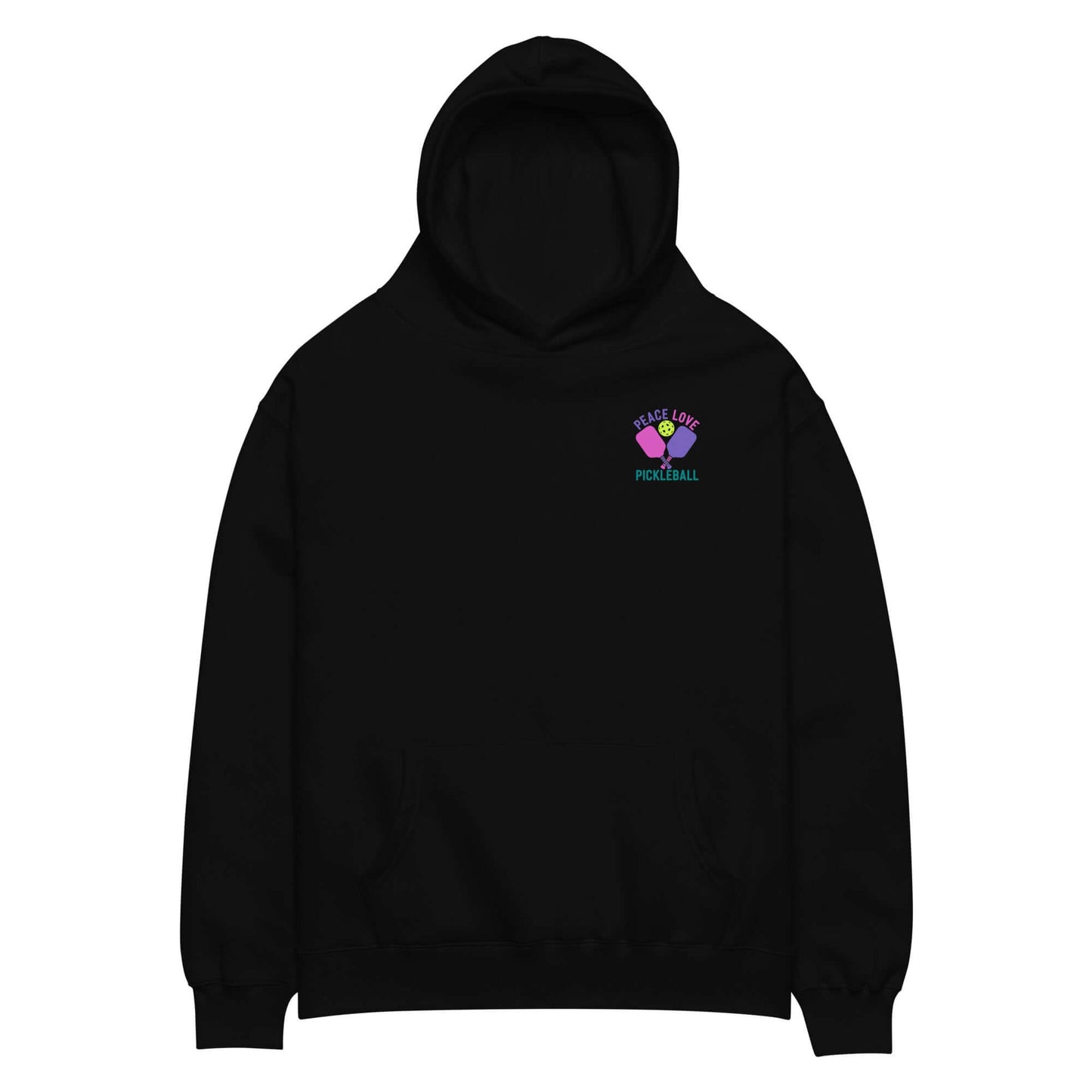Women's oversized black hoodie with 'Peace, Love, Pickleball' graphic, perfect for cozy casual wear.