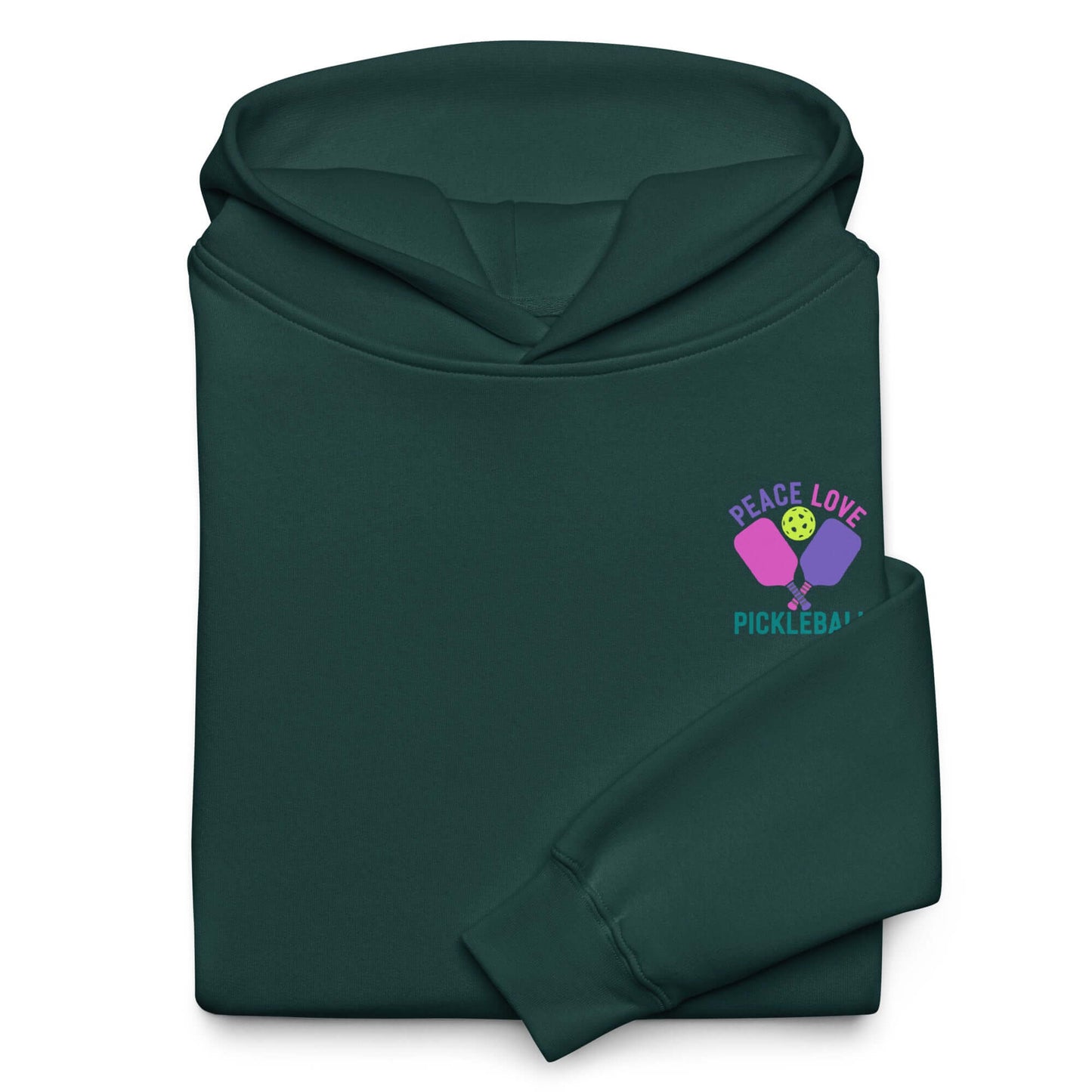 Women's oversized hoodie featuring 'Peace Love Pickleball' graphic, perfect for pickleball enthusiasts and casual wear.