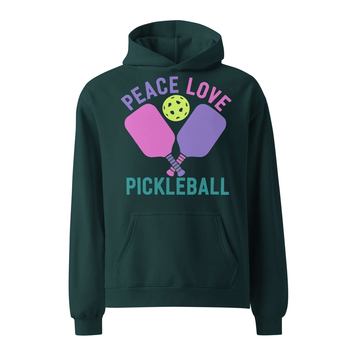 Women's oversized hoodie featuring 'Peace Love Pickleball' graphic, perfect for pickleball enthusiasts.