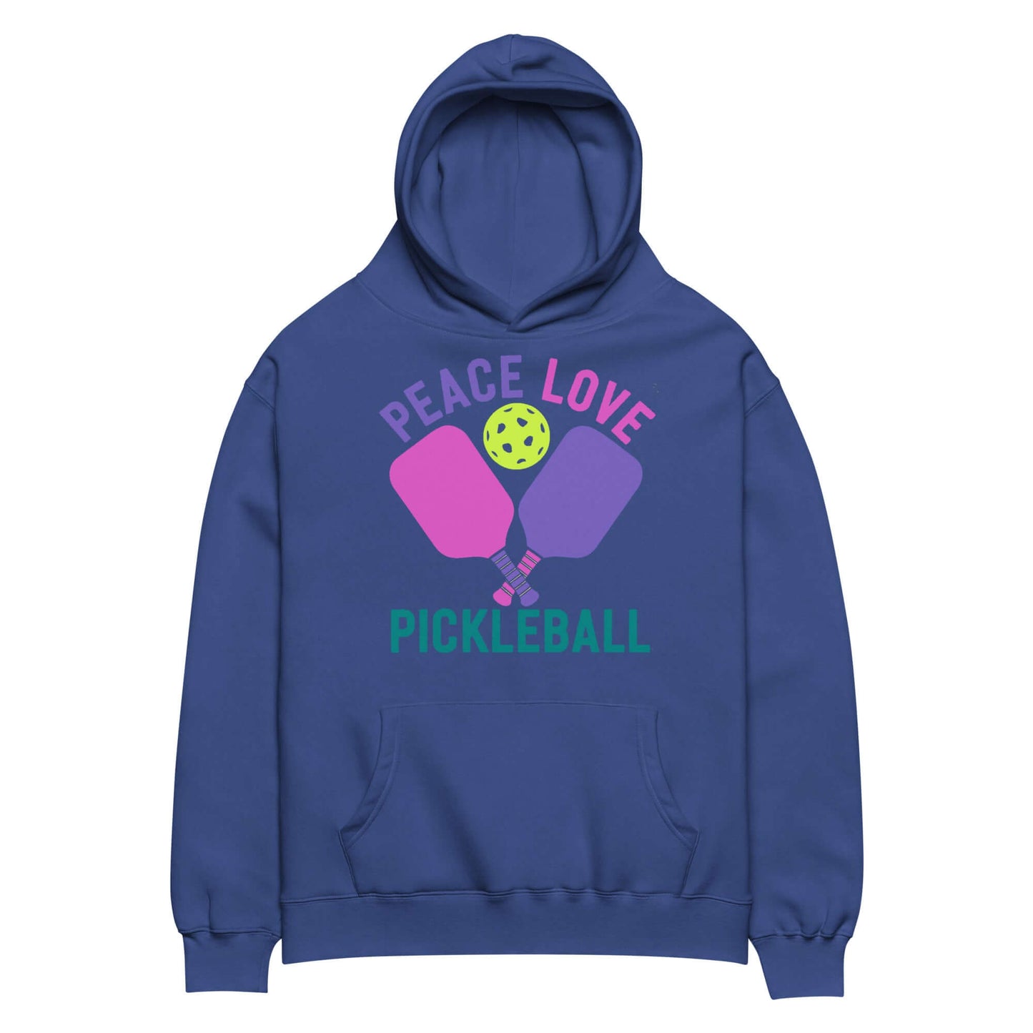 Women's oversized hoodie featuring 'Peace Love Pickleball' graphic in vibrant colors.