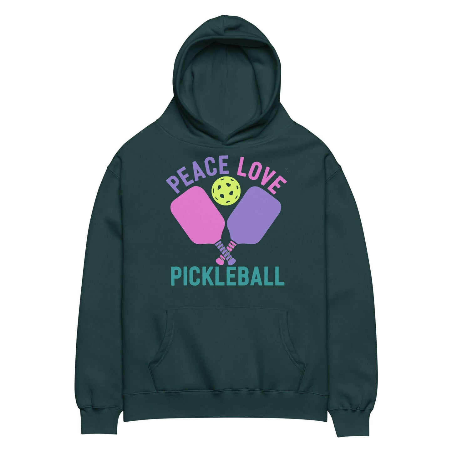 Women's oversized hoodie featuring 'Peace Love Pickleball' design in vibrant colors, perfect for sport and relaxation.